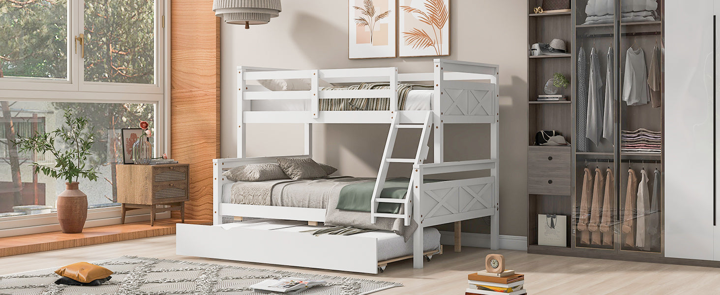 Twin Over Full Bunk Bed With Ladder, Twin Size Trundle, Safety Guardrail, White Box Spring Not Required Twin White Wood Bedroom Bunk Pine