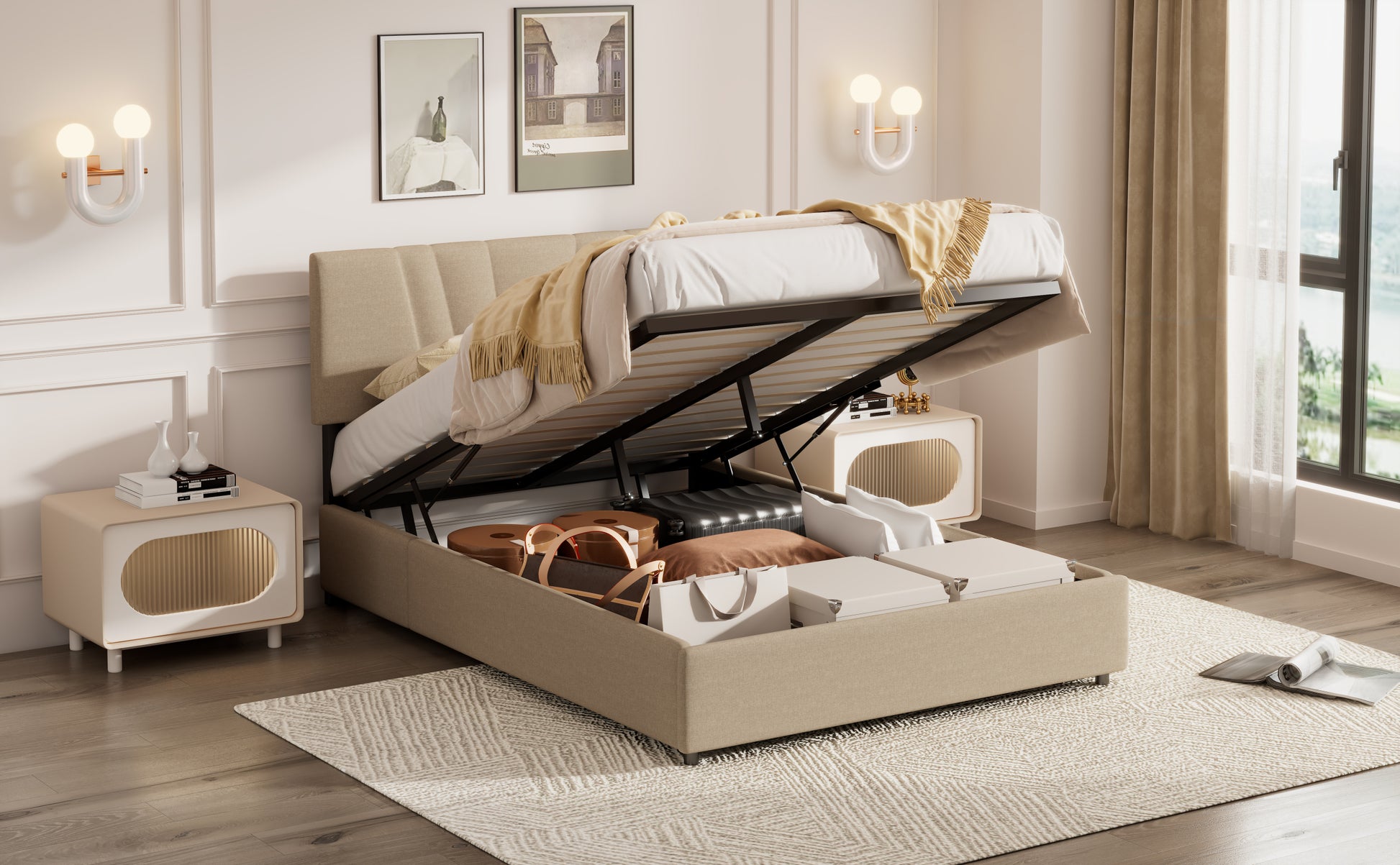 Queen Upholstered Platform Bed With Lifting Storage, Queen Size Bed Frame With Storage And Tufted Headboard,Wooden Queen Platform Bed For Kids Teens Adults,No Box Spring Needed Queen, Beige Box Spring Not Required Queen Light Beige Wood Bedroom American
