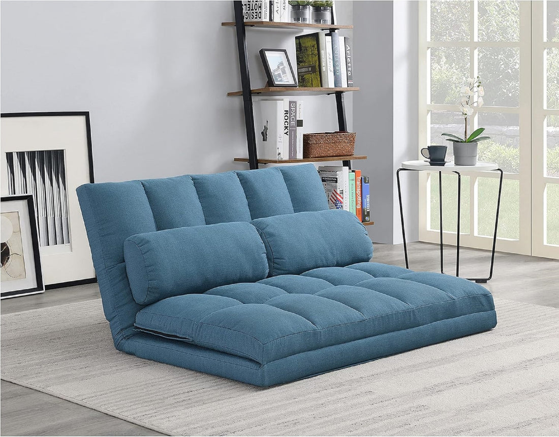 2 Seater Contemporary Foldable Sofa Bed Trifold Foam Mattress Sleeper Chair With Tufted Seat Backrest Convertible Couch W Pillows Blue1Pc Blue Polyester Primary Living Space Cushion Back Traditional Foam Wood