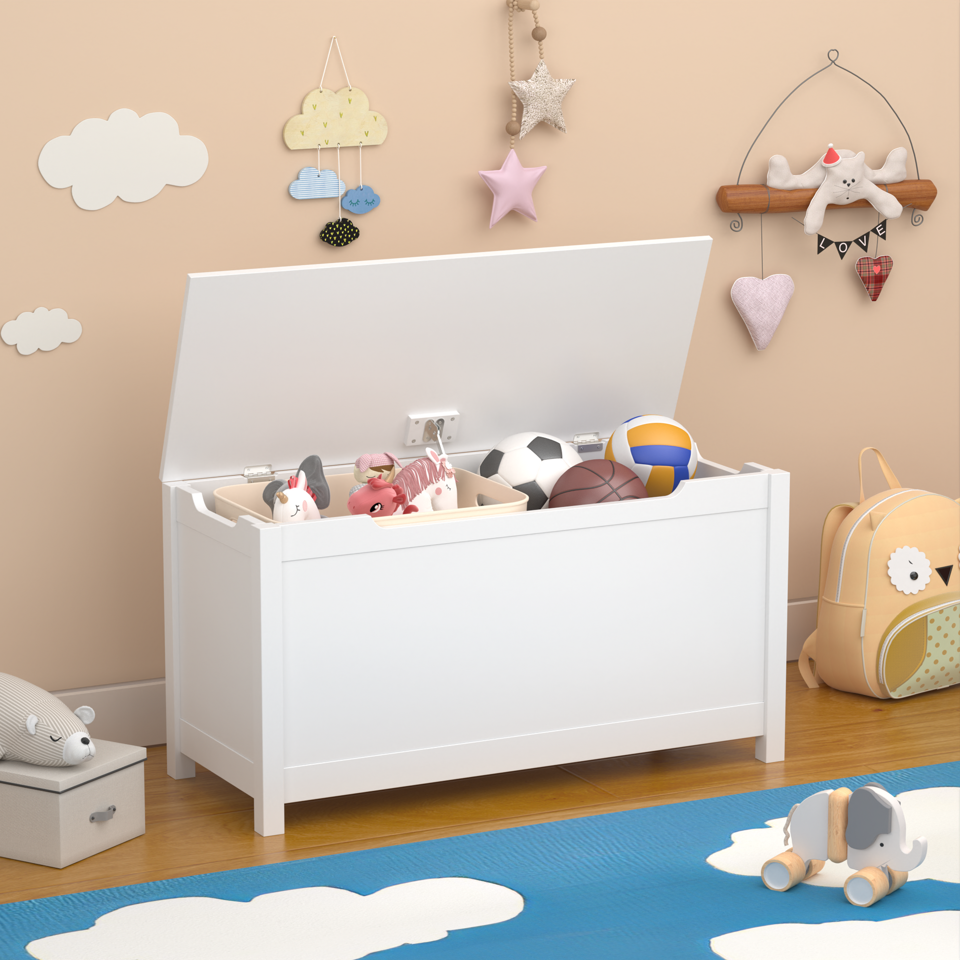 Kids Wooden Toy Box Storage With Safety Hinged Lid For Ages 2 White White Mdf