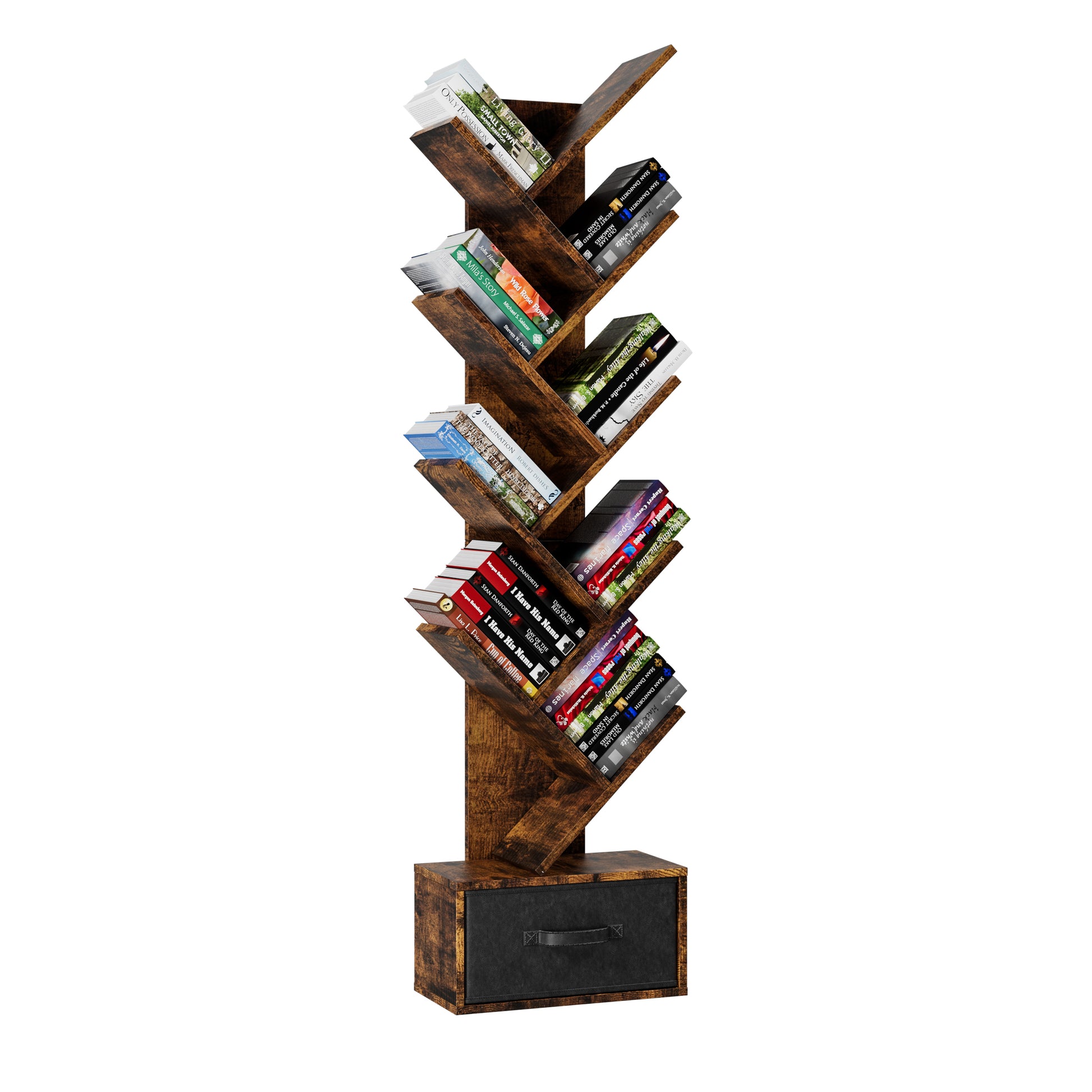 9 Tier Tree Bookshelf With Drawer Bookcase, Modern Book Storage, Free Standing Tree Bookcase, Utility Organizer Shelves For Home Office, Living Room, Bedroom, Rustic Brown Deep Rustic Brown Metal