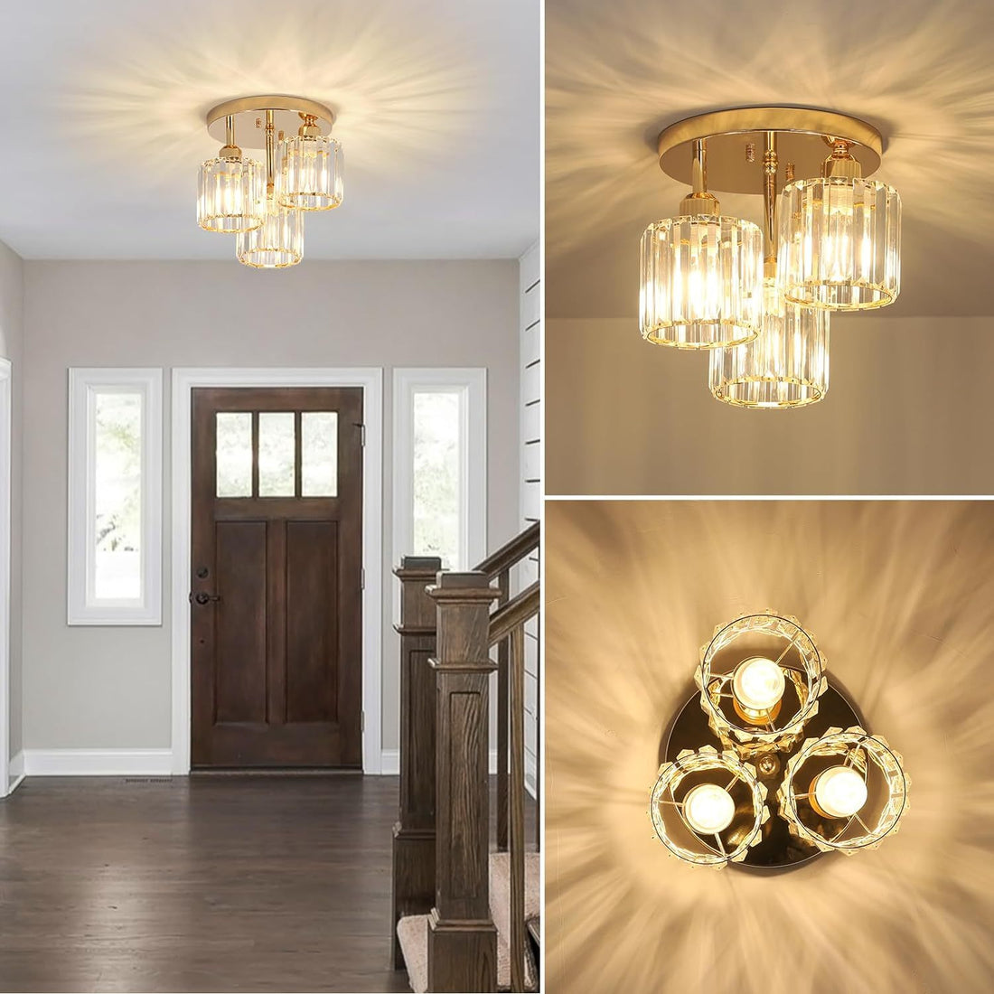 Modern Semi Flush Mount Ceiling Light,3 Light Crystal Close To Ceiling Light Fixtures,Golden Kitchen Light Fixtures With Clear Crystal Shade,Hallway Light Fixtures For Hallway Bedroom Bathroom Golden Crystal