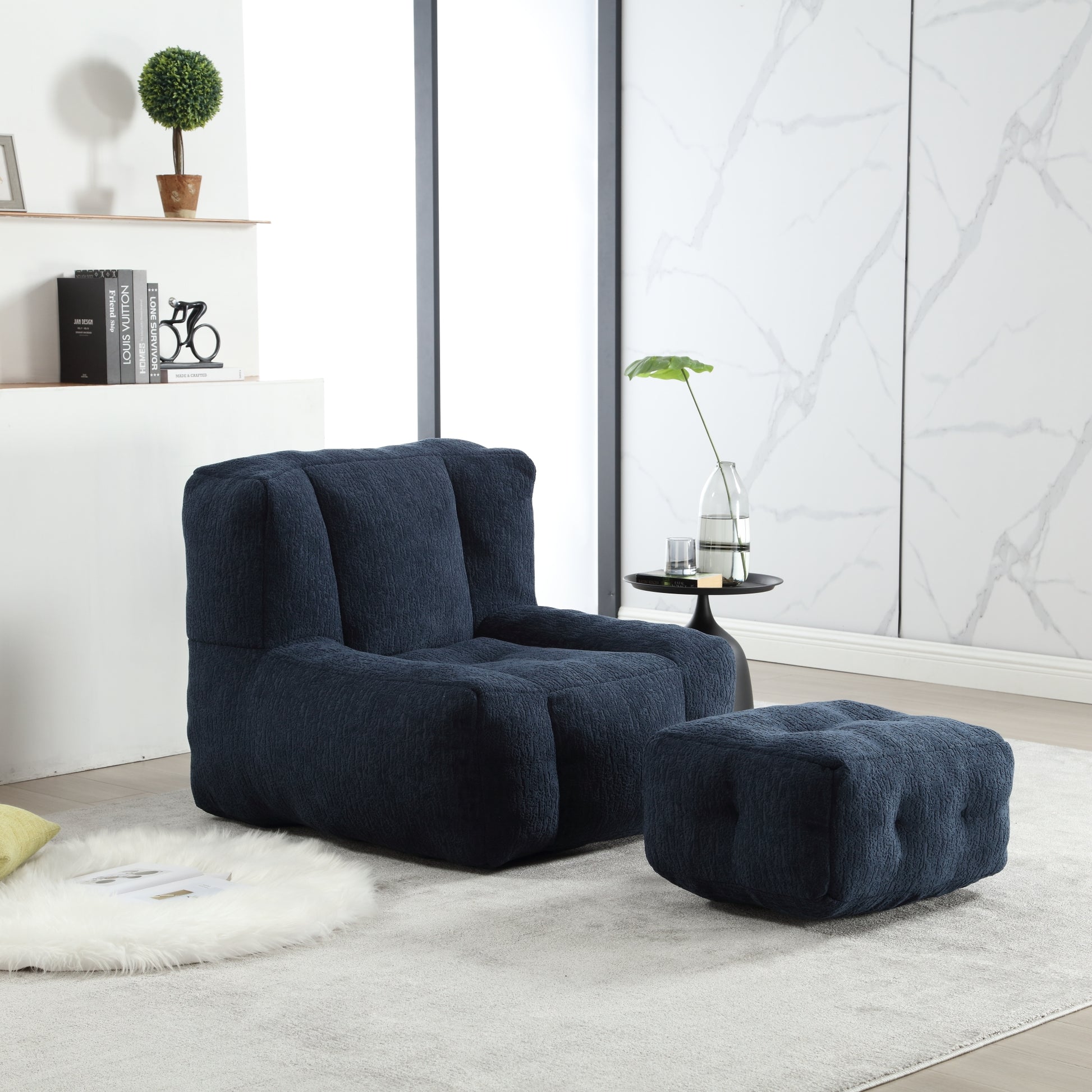 Fluffy Bean Bag Chair, Comfortable Bean Bag For Adults And Children, Super Soft Lazy Sofa Chair With Memory Foam And Ottoman, Indoor Modern Focus Bean Bag Chair For Living Room, Bedroom, Apartment Blue Velvet