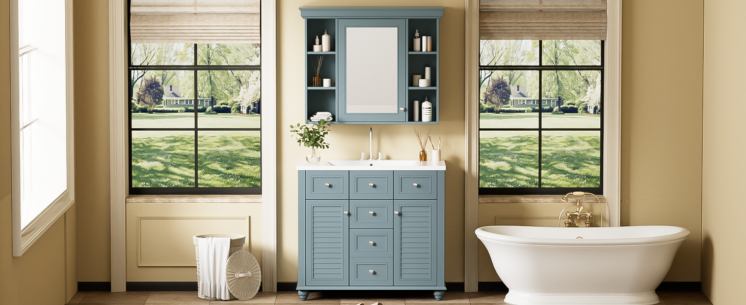 36'' Bathroom Vanity With Medicine Cabinet, Modern Mirror Cabinet With Adjustable Shelf, Bathroom Storage Cabinet With 2 Soft Closing Doors And 2 Drawers, Bathroom Vanity With Cabinet Door Organizers 2 Blue 2 Bathroom Freestanding French Country Solid