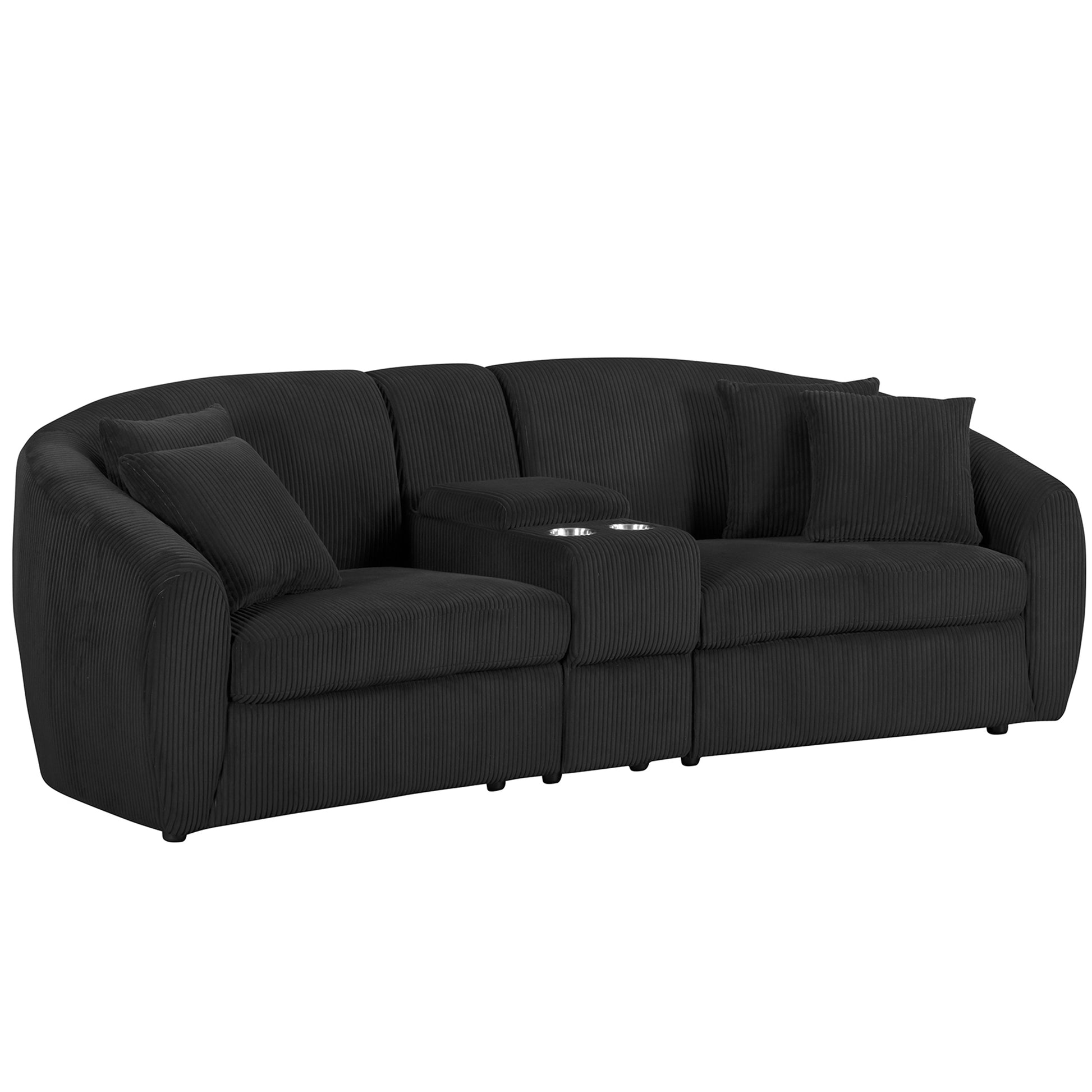 United We Win Corduroy Fabric, Two Cup Holders, Storage, Oversized Two Seat, Solid Wood Frame, High Quality Sponge Filling, Curved Placement Sofa Black Corduroy 2 Seat