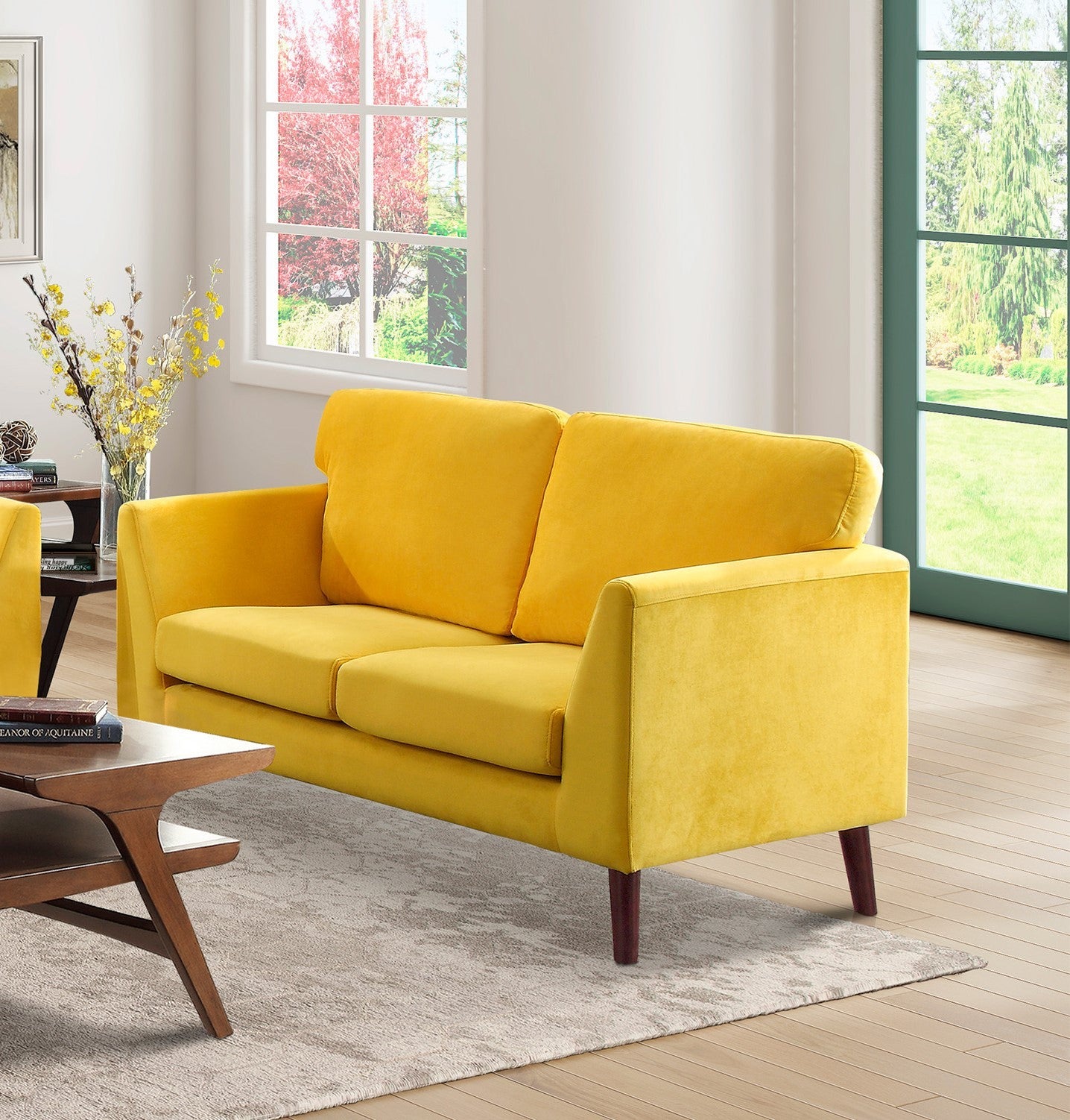 Modern Contemporary Living Room 1Pc Loveseat Yellow Velvet Upholstery Dark Brown Legs Solid Wood Furniture Yellow Velvet Wood Primary Living Space Modern Solid Wood