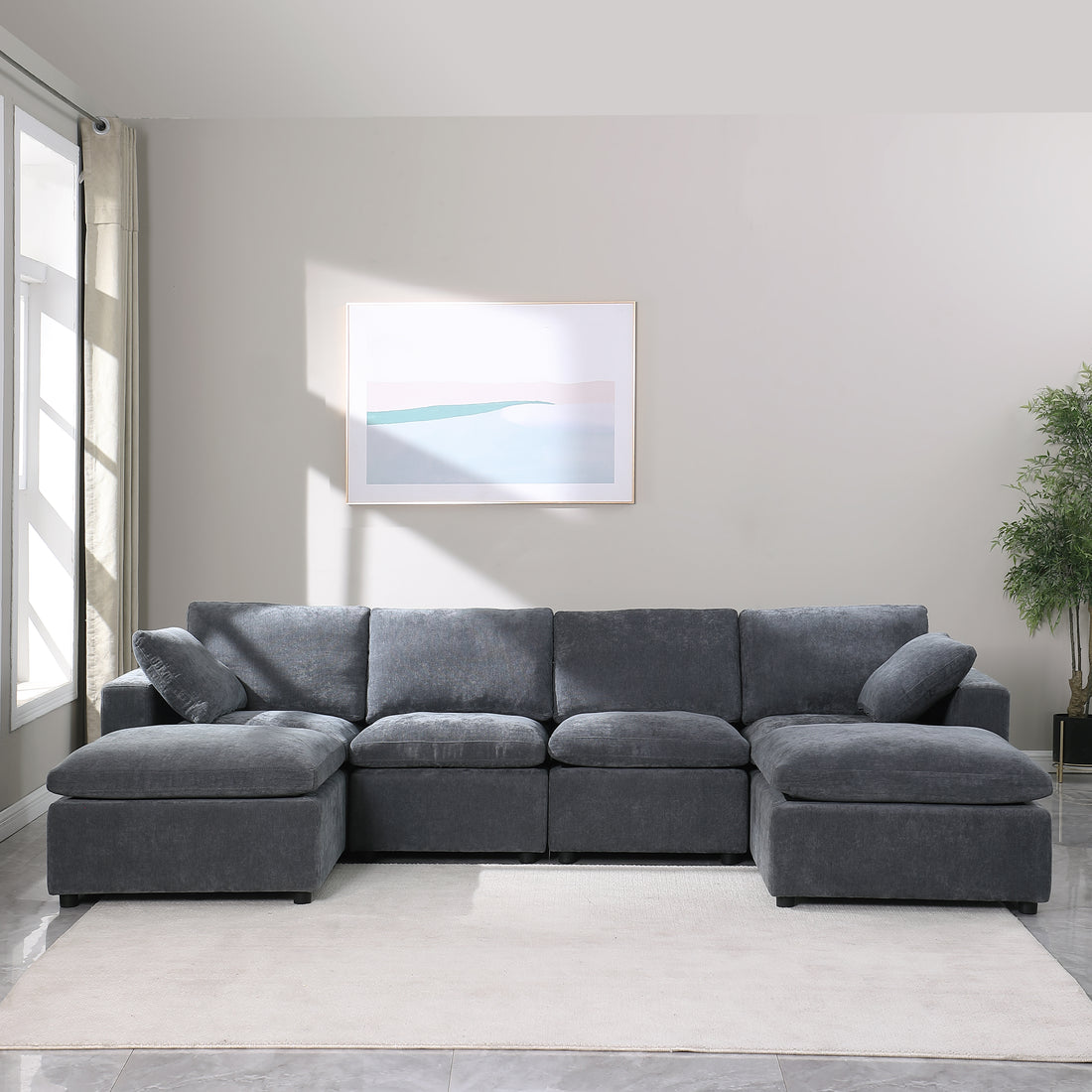 123.6" Modular Sectional Sofa, Convertible U Shaped Sofa Couch, Modular Sectionals With Ottomans, 6 Seat Sofa Couch With Reversible Chaise For Living Room. Chenille Grey Grey Chenille Fabric 6 Seat