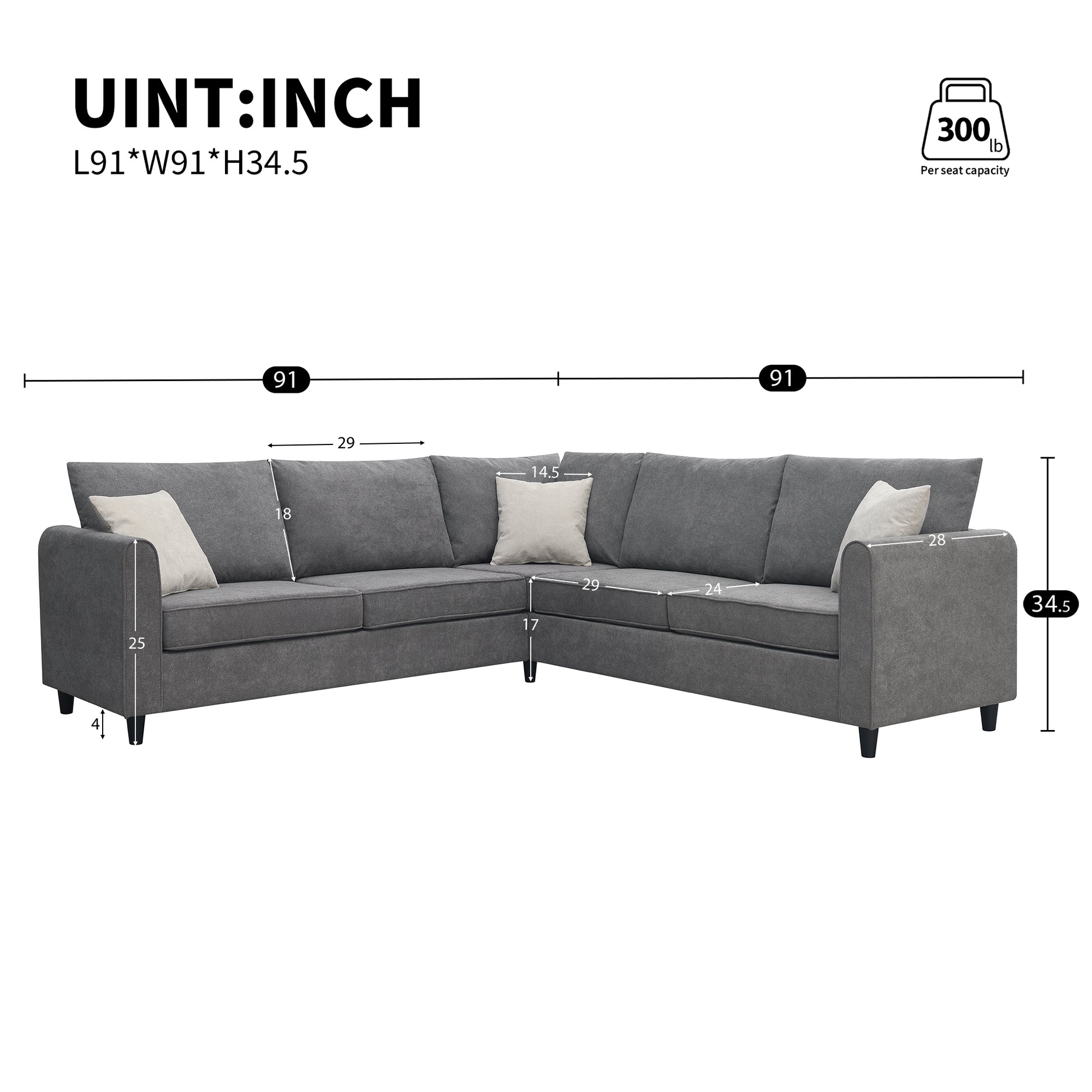 91*91" Modern Upholstered Living Room Sectional Sofa, L Shape Furniture Couch With 3 Pillows Grey Fabric 5 Seat