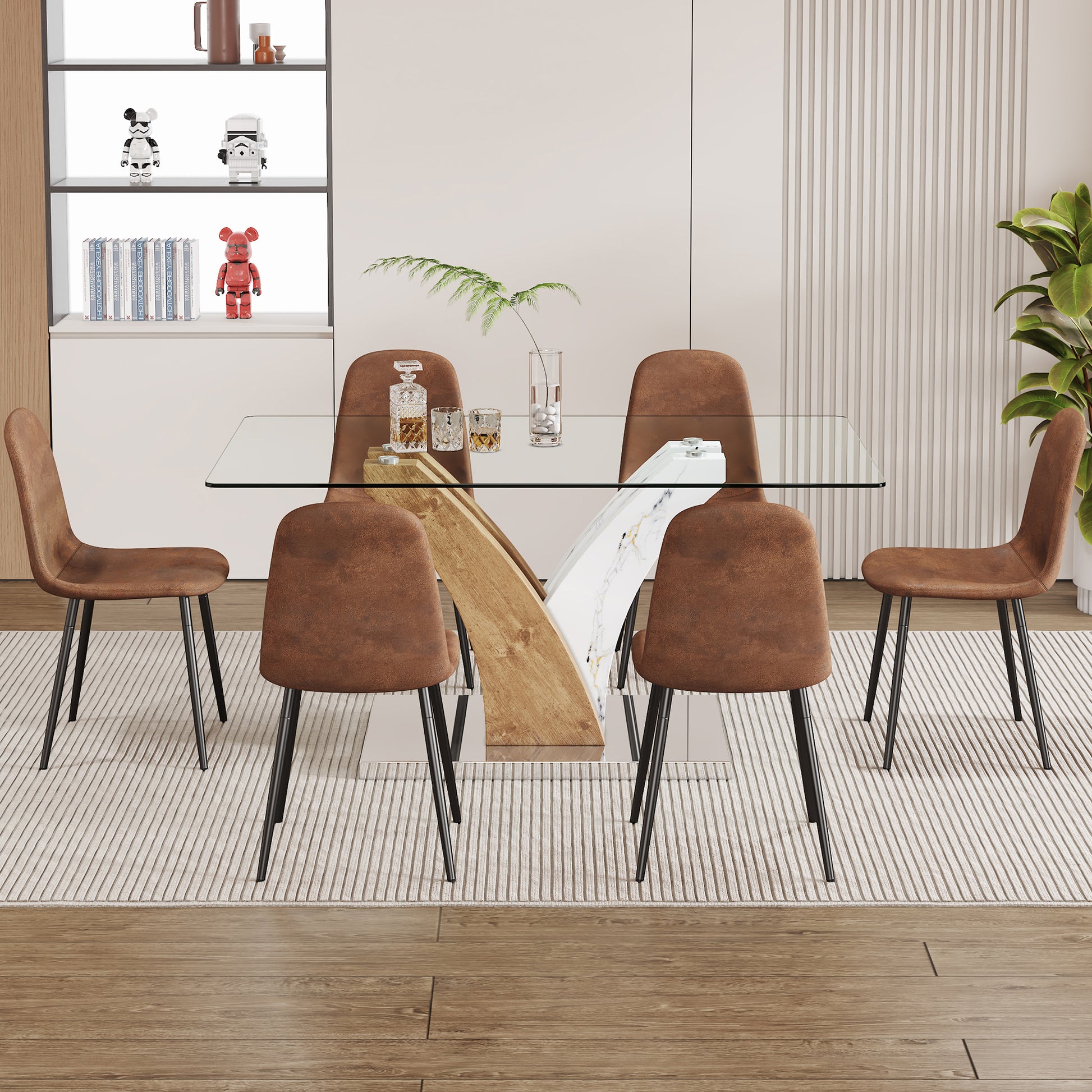 Table And Chair Set.Modern Dining Table, Tempered Glass Countertop With Artistic Mdf Legs.Paried With 6 Brown Chairs With Soft Linen Fabric Cushions And Black Metal Legs.Suitable For Various Styles. Black Brown,Transparent Seats 6 Mdf Metal