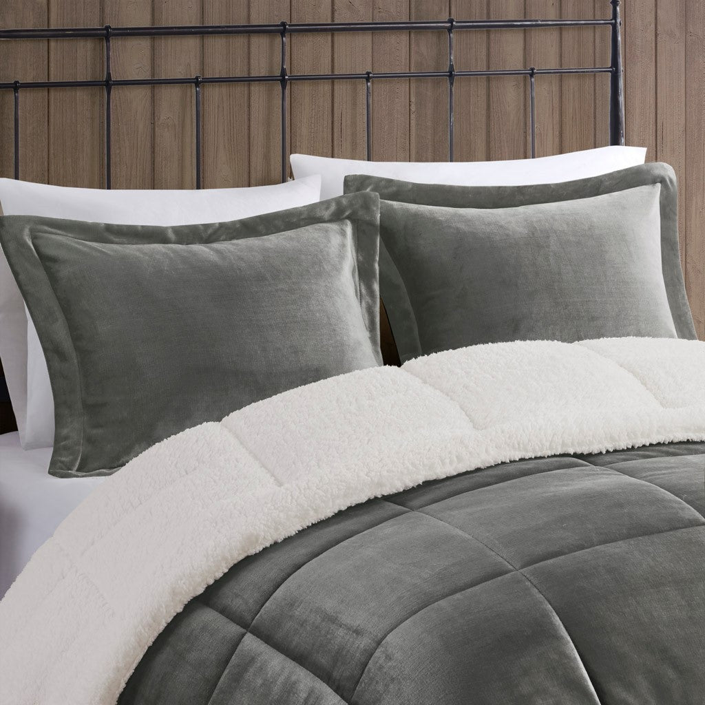 Plush To Sherpa Down Alternative Comforter Set King Charcoal Ivory Polyester