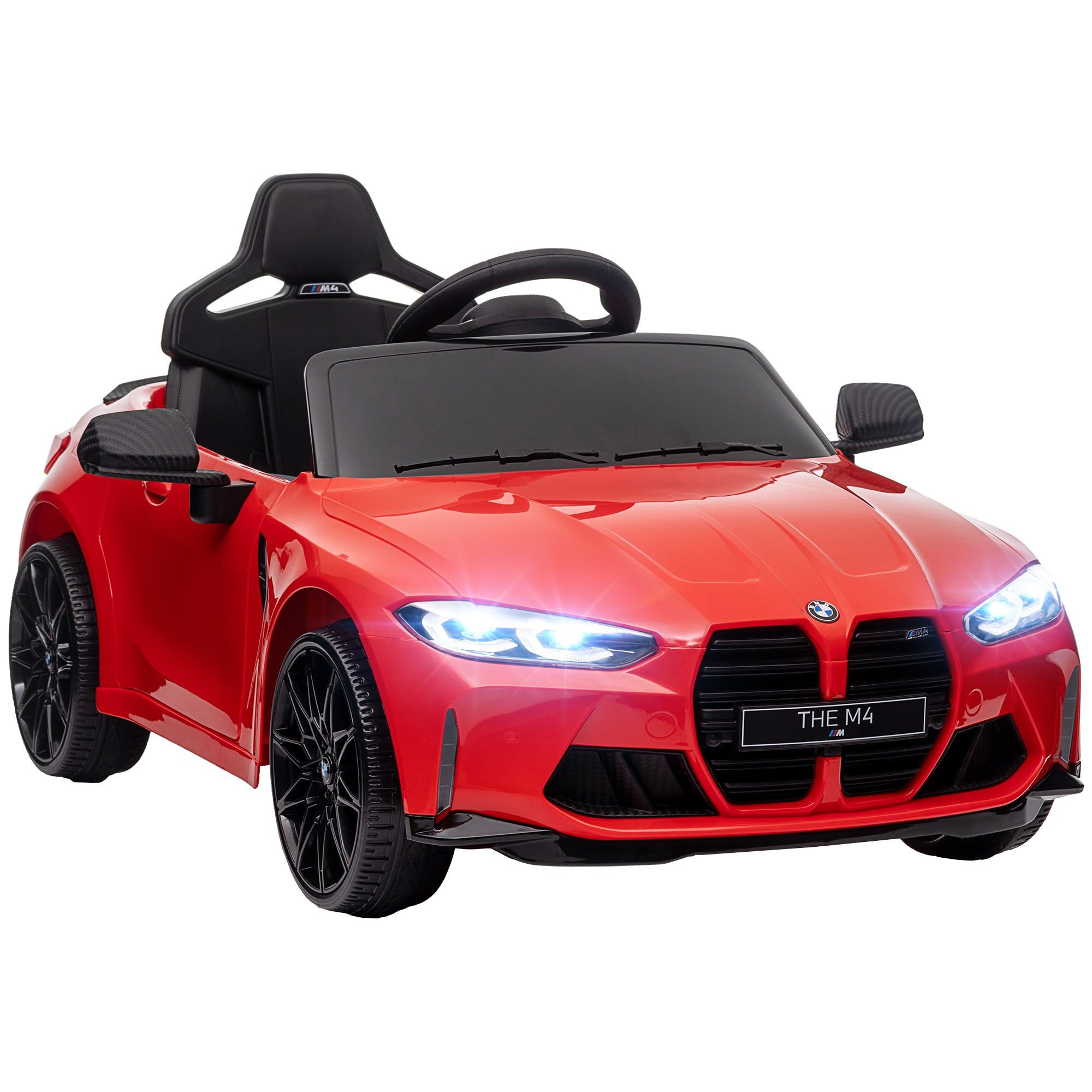 Qaba Bmw M4 Licensed Kids Electric Car, 12V Ride On Car With Parent Remote Control, Suspension, Handle Attachment, Battery Powered Kids Car With Led Lights, Music, Soft Start, Red Red Plastic