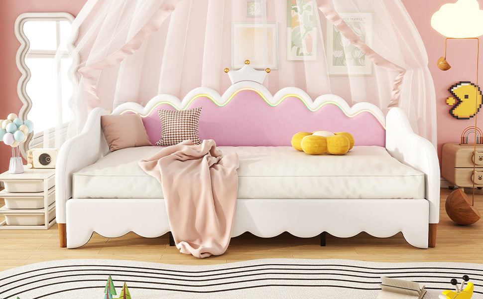 Twin Extending Daybed With Led Lights, Modern Upholstered Princess Daybed With Crown Headboard,White Twin White Wood