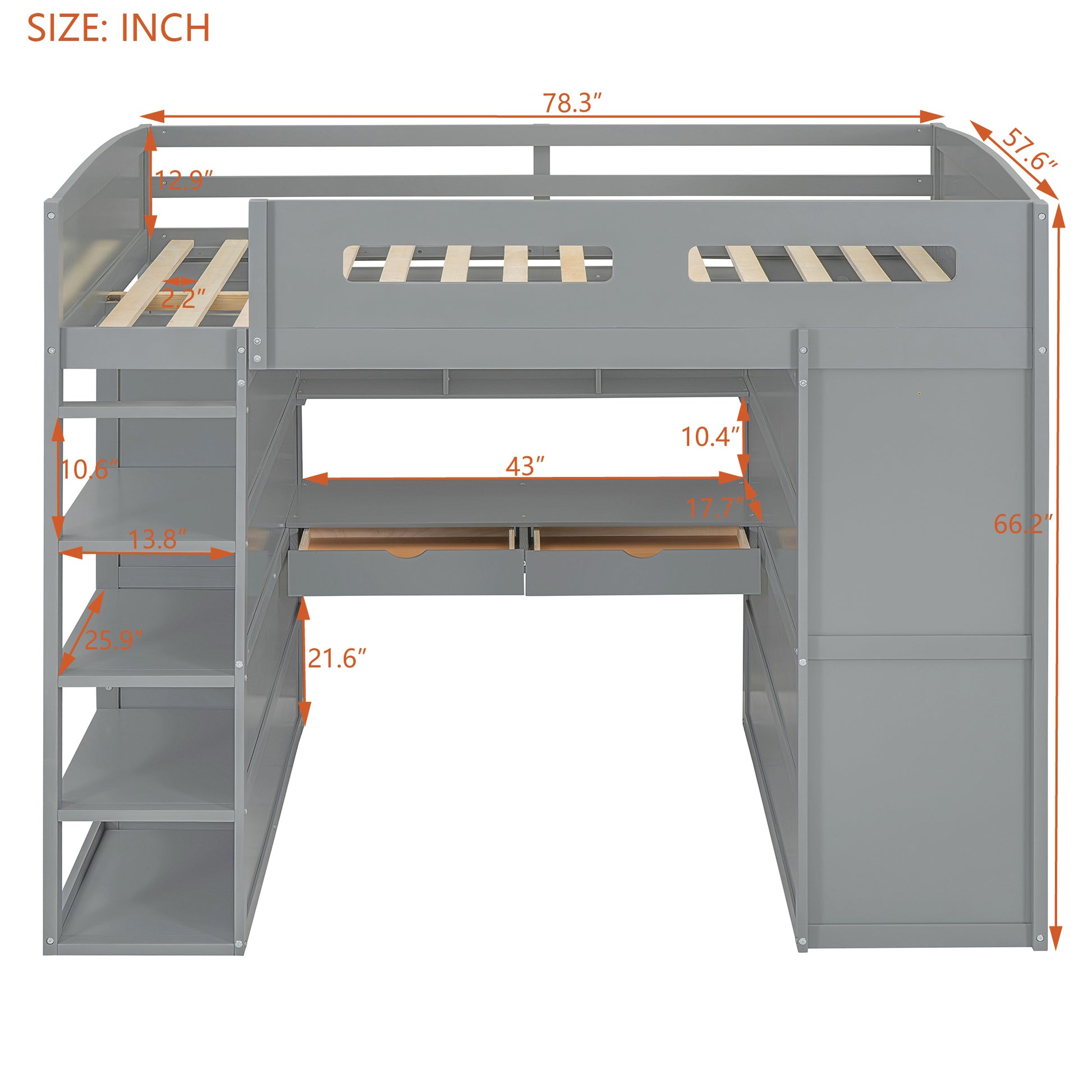 Full Size Loft Bed With Desk, Wardrobes, 4 Drawers And 4 Shelves Gray Full Gray Solid Wood