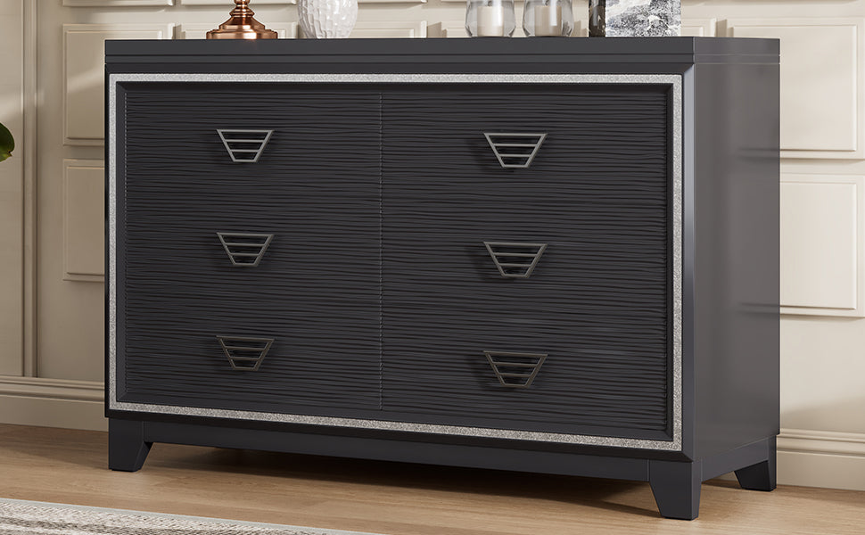 Elegant Dresser With Metal Handle And Sparkling Shiny Decoration, Storage Cabinet With 6 Drawers For Bedroom, Living Room, Black Black Mdf