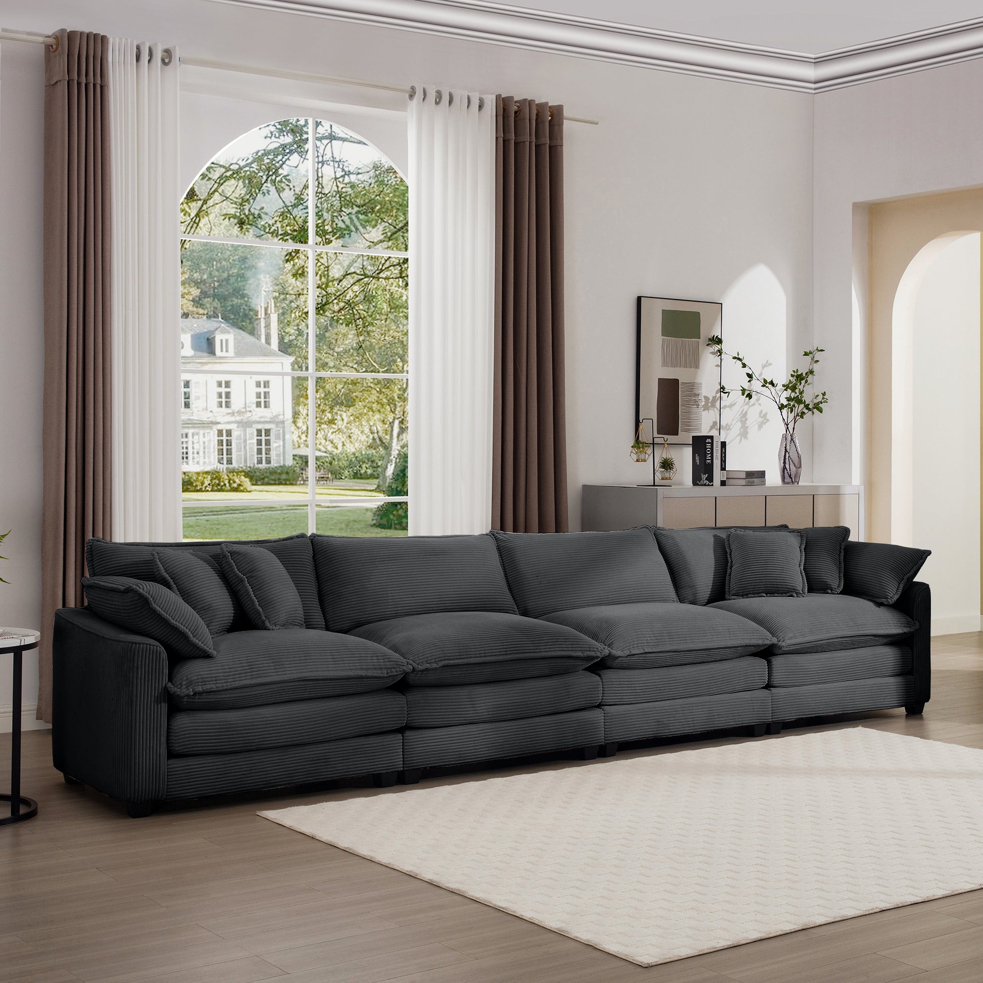 Corduroy Sofamodern Upholstered 4 Seater Corduroy Fabric Sofaoffice Living Room Apartment Comfortable Sofa, Easy To Assemble With 2 Arm Pillows And 4 Throw Pillows Grey Corduroy 4 Seat
