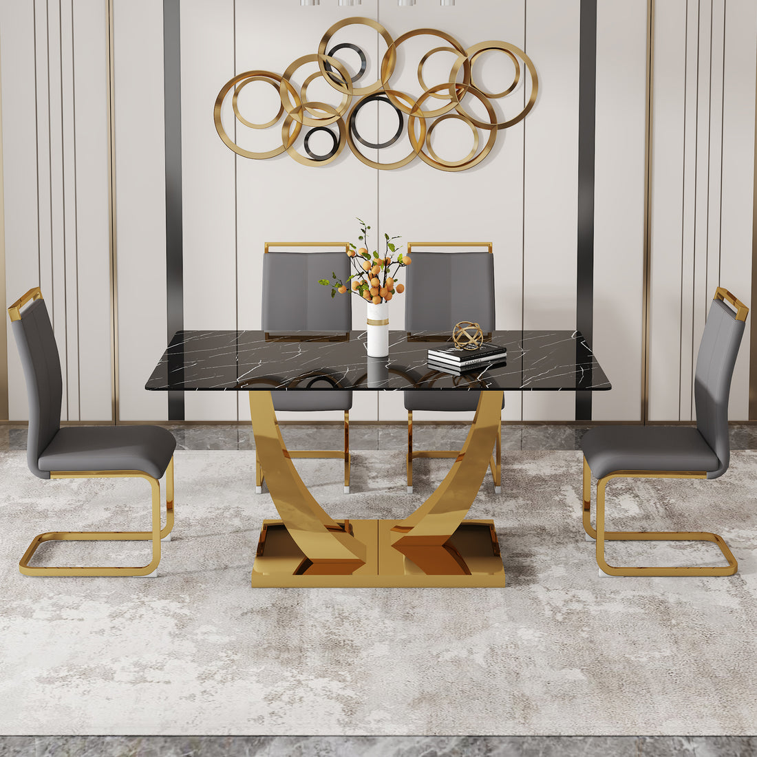 Table And Chair Set.Modern Rectangular Dining Table With Black Textured Stickers Glass Tabletop And Gold Plated Metal Legs.Paried With 4 Comfortable Chairs With Pu Seats And Golden Metal Legs. Dark Gray,Gold Seats 4 Glass Metal