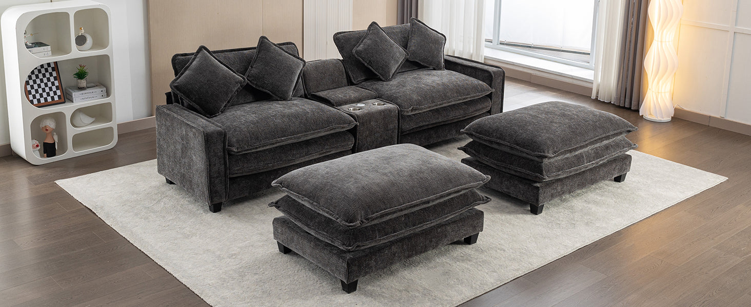 112.6" Sectional Sofa Chenille Upholstered Sofa With Two Removable Ottoman, Two Usb Ports, Two Cup Holders And Large Storage Box For Living Room, Black Black Foam Chenille 2 Seat