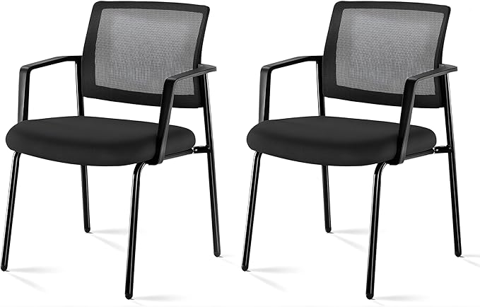 Guest Waiting Room Office Arm Chairs 2 Pack No Wheel For Reception Meeting Conference, Stacking Padded Fabric Seat, Mesh Back & Ergonomic Support Rest For Home Lobby Computer Desk Black Metal