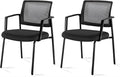 Guest Waiting Room Office Arm Chairs 2 Pack No Wheel For Reception Meeting Conference, Stacking Padded Fabric Seat, Mesh Back & Ergonomic Support Rest For Home Lobby Computer Desk Black Metal