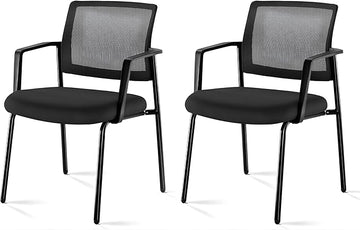 Guest Waiting Room Office Arm Chairs 2 Pack No Wheel For Reception Meeting Conference, Stacking Padded Fabric Seat, Mesh Back & Ergonomic Support Rest For Home Lobby Computer Desk Black Metal