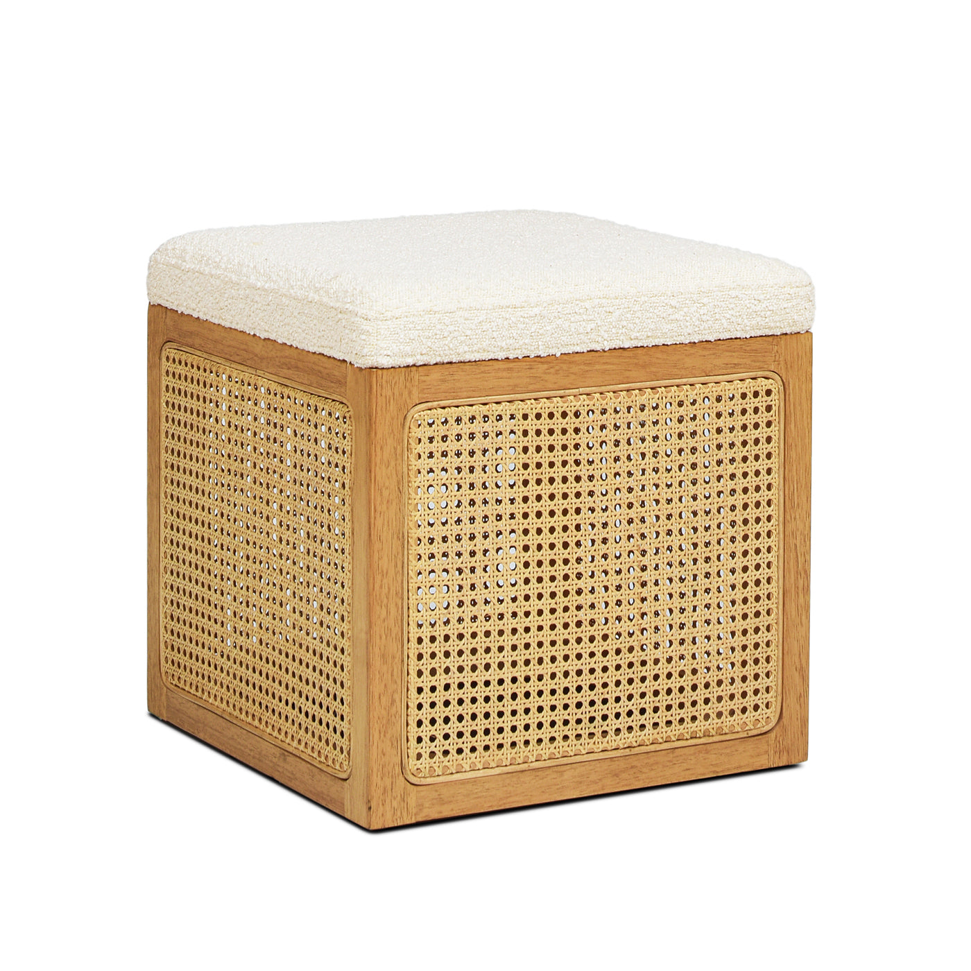 Nina 18" Cane Webbing Cube Ottoman, Ivory White Boucle White Foam Boucle