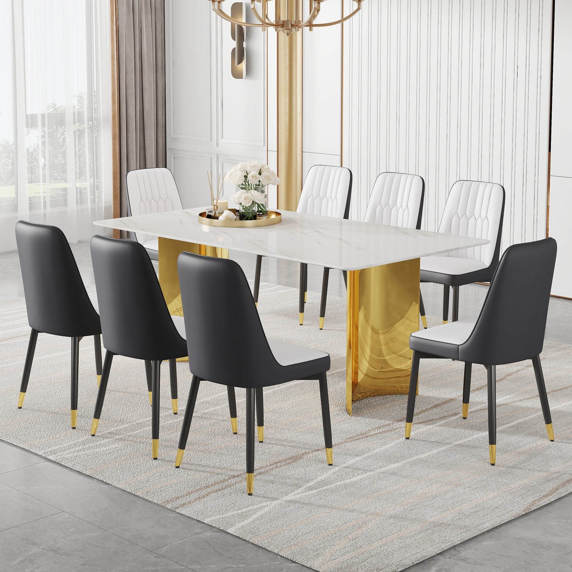 Table And Chair Set.The Table Has A Glass Top With Imitation Marble Pattern Stickers And Stainless Steel Golden Legs. Paried With Chairs With Pu Artificial Leather Backrest Cushions And Black Legs. White Gold Seats 8 Glass Metal