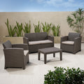 Outdoor Faux Wicker Rattan Style Chat Set With Water Resistant Cushions, 4 Pcs Set, Brown Mix Beige Brown Beige Fabric