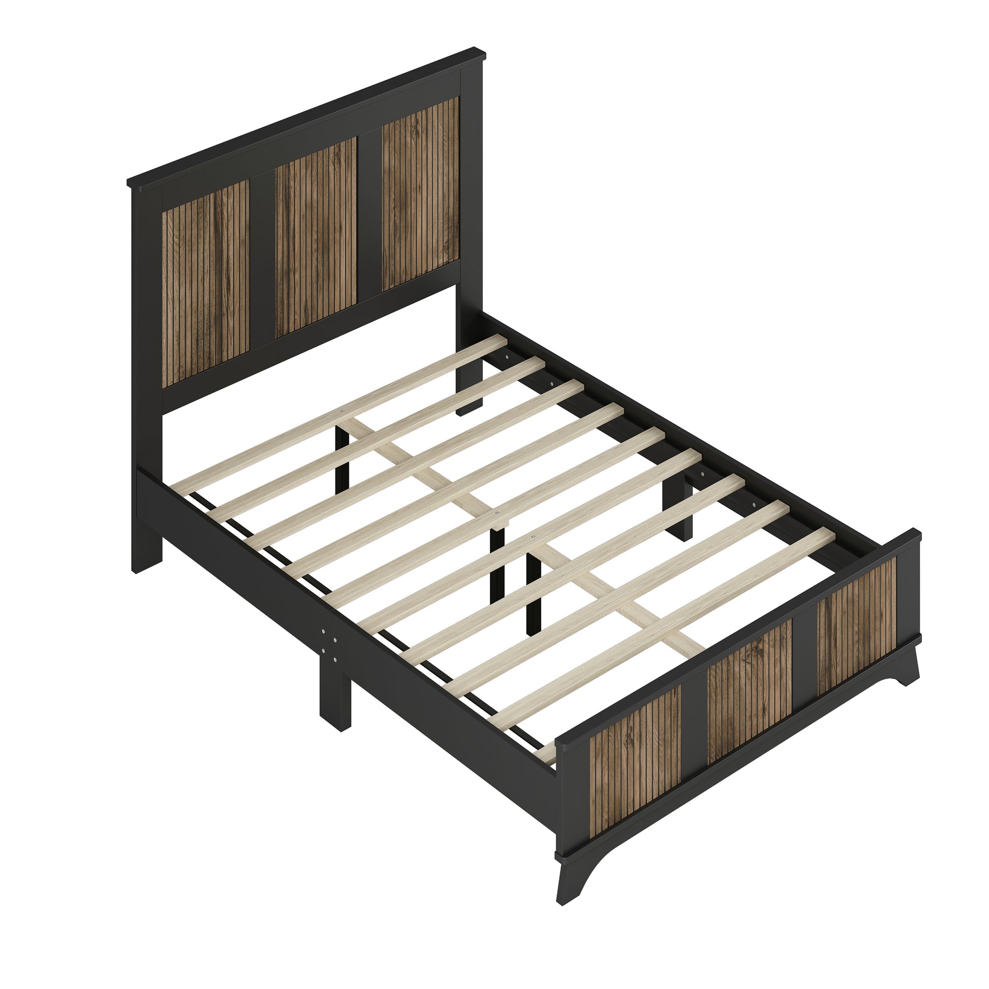 Farmhouse Wooden Platform Full Size Bed, Modern Platform Bed With Wooden Strip Decoration, Plywood Slats Support, Black Full Black Particle Board