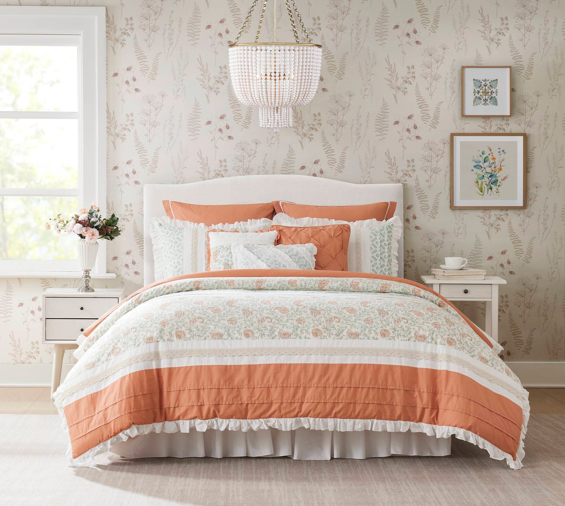 9 Piece Cotton Percale Comforter Set Coral Queen Queen Coral Polyester