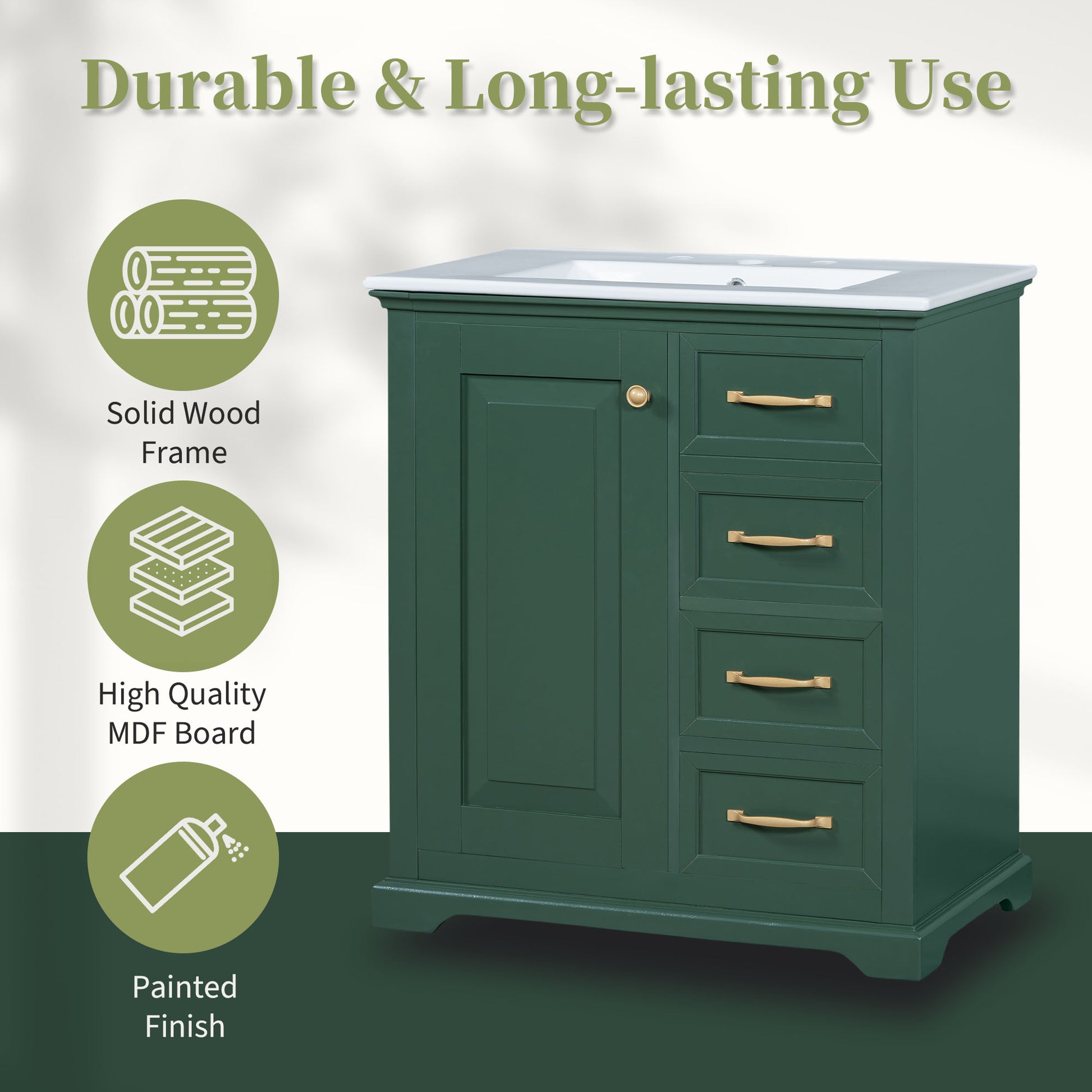 30" Bathroom Vanity With Sink, One Package, Green Bathroom Cabinet With Drawers, Solid Frame And Mdf Board Green Solid Wood Mdf
