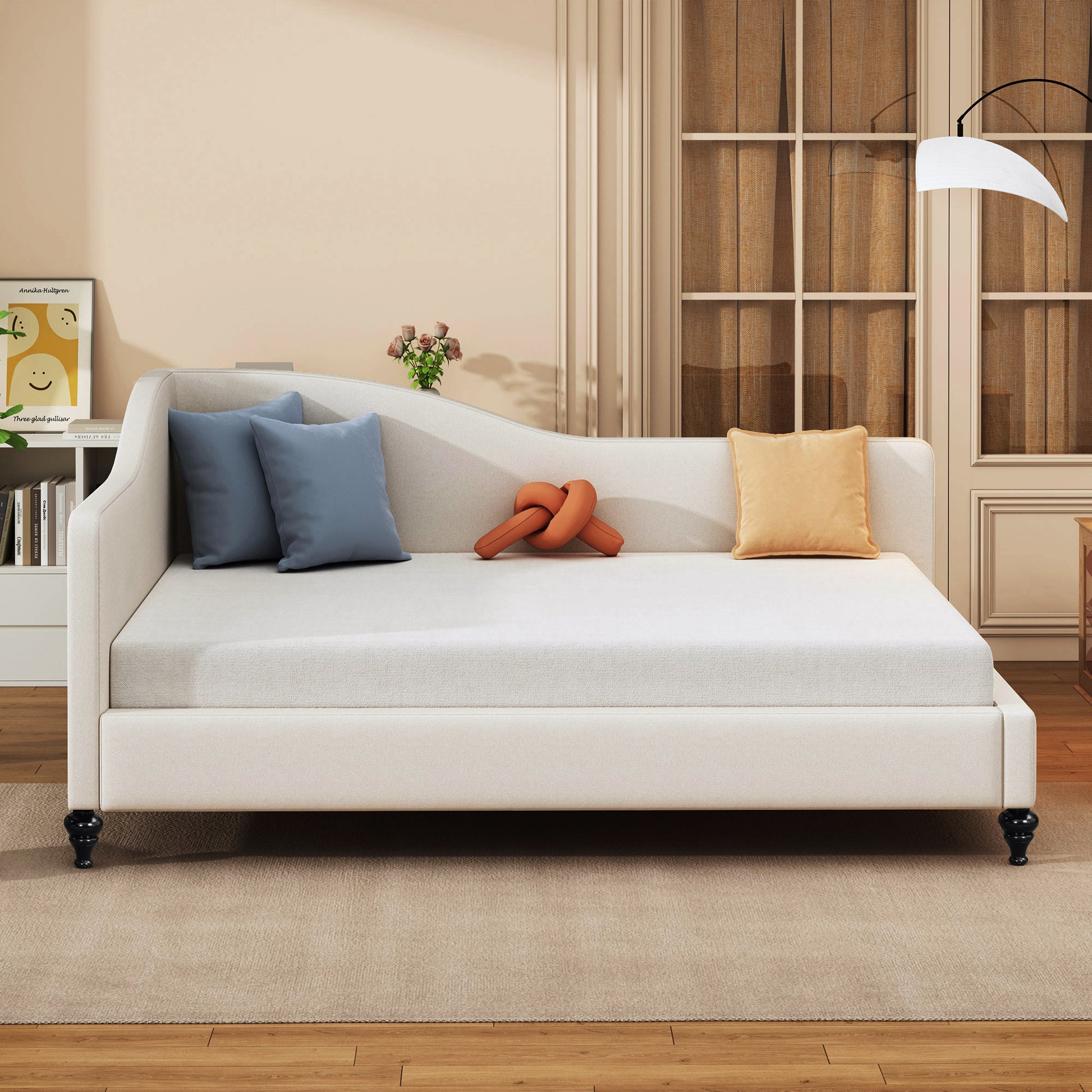 Full Size L Shaped Linen Daybed, With Solid Wood Legs, Beige Old Sku: Sf000146Aaa Full Beige Linen Mdf