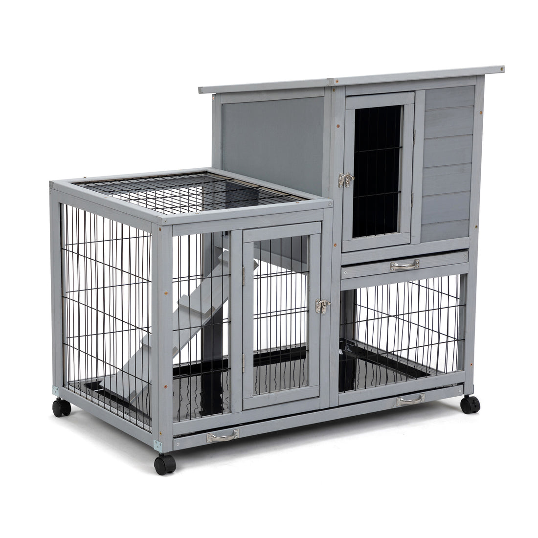 Detachable Rabbit Hutch With Removable Tray And Rolling Casters, Gray White White Gray Pine