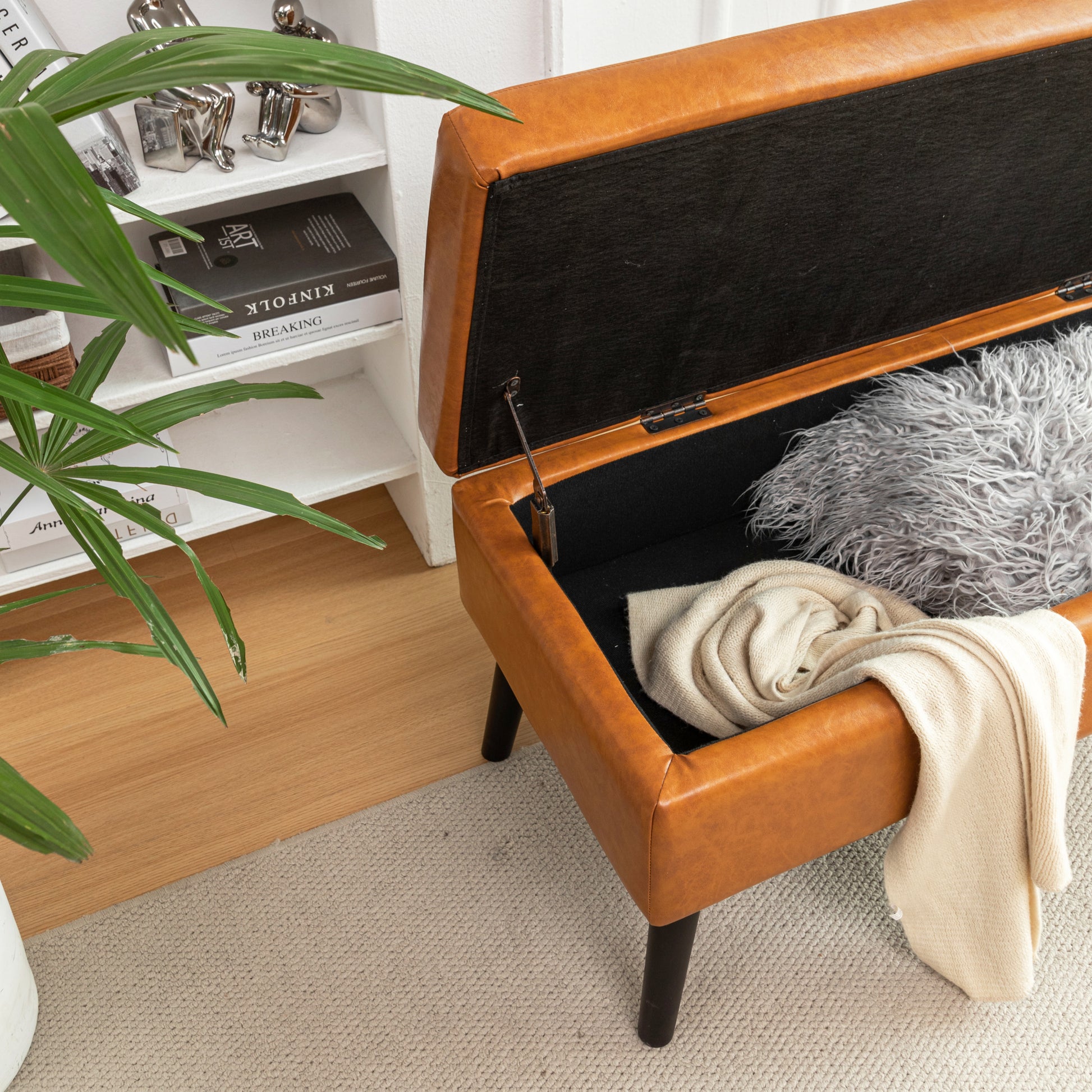 Storage Bench With Storage Bench For Bedroom End Of Bed Bench Foot Of Bed Bench Entryway Bench Storage Ottoman Bench 43.3" W X 17.7" Brown Leather Bench Brown Pu Leather