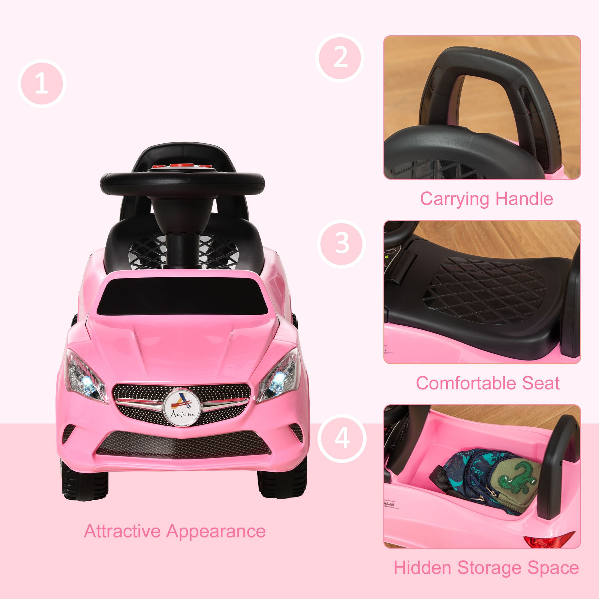 Aosom Kids Ride On Push Car, Foot To Floor Walking Sliding Toy Car For Toddler With Working Horn, Music, Headlights And Storage, Pink Pink Metal