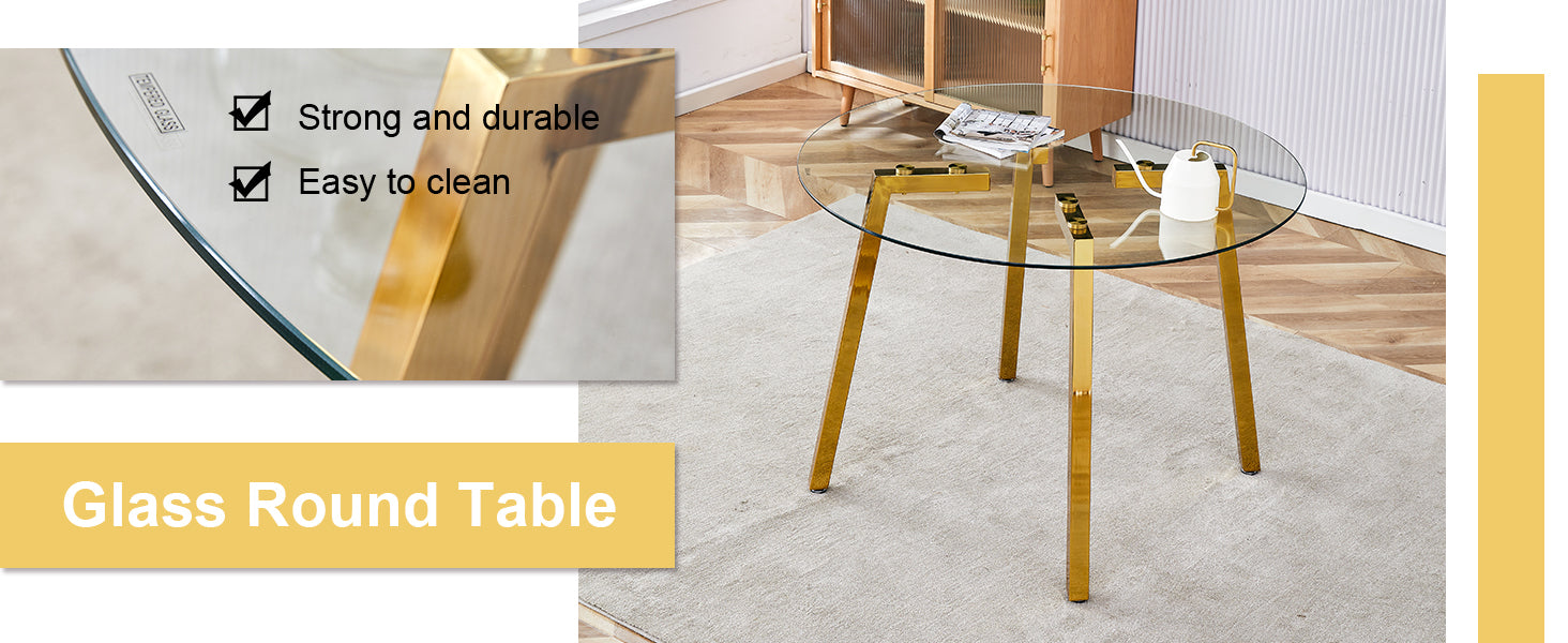 Table And Chair Set.A Modern Minimalist Style Round Clear Tempered Glass Table With Metal Legs.Paried With Black Chairs With Modern Pu Leather High Back Upholstered And C Tube Golden Legs. Transparent Seats 6 Glass