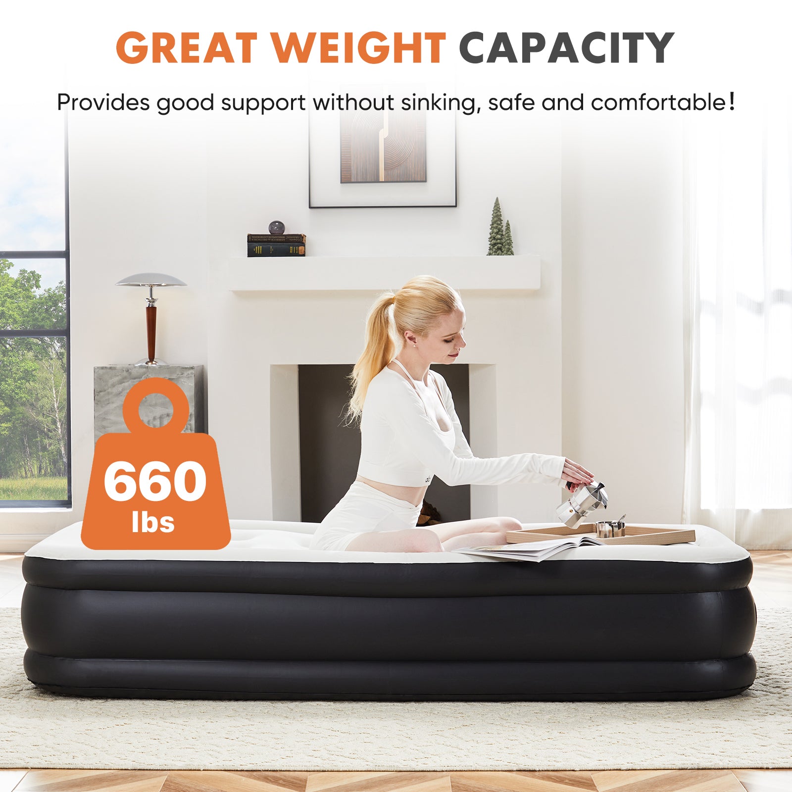 Inflatable Air Mattress With Built In Pump, Queen Size 16In Black Pvc