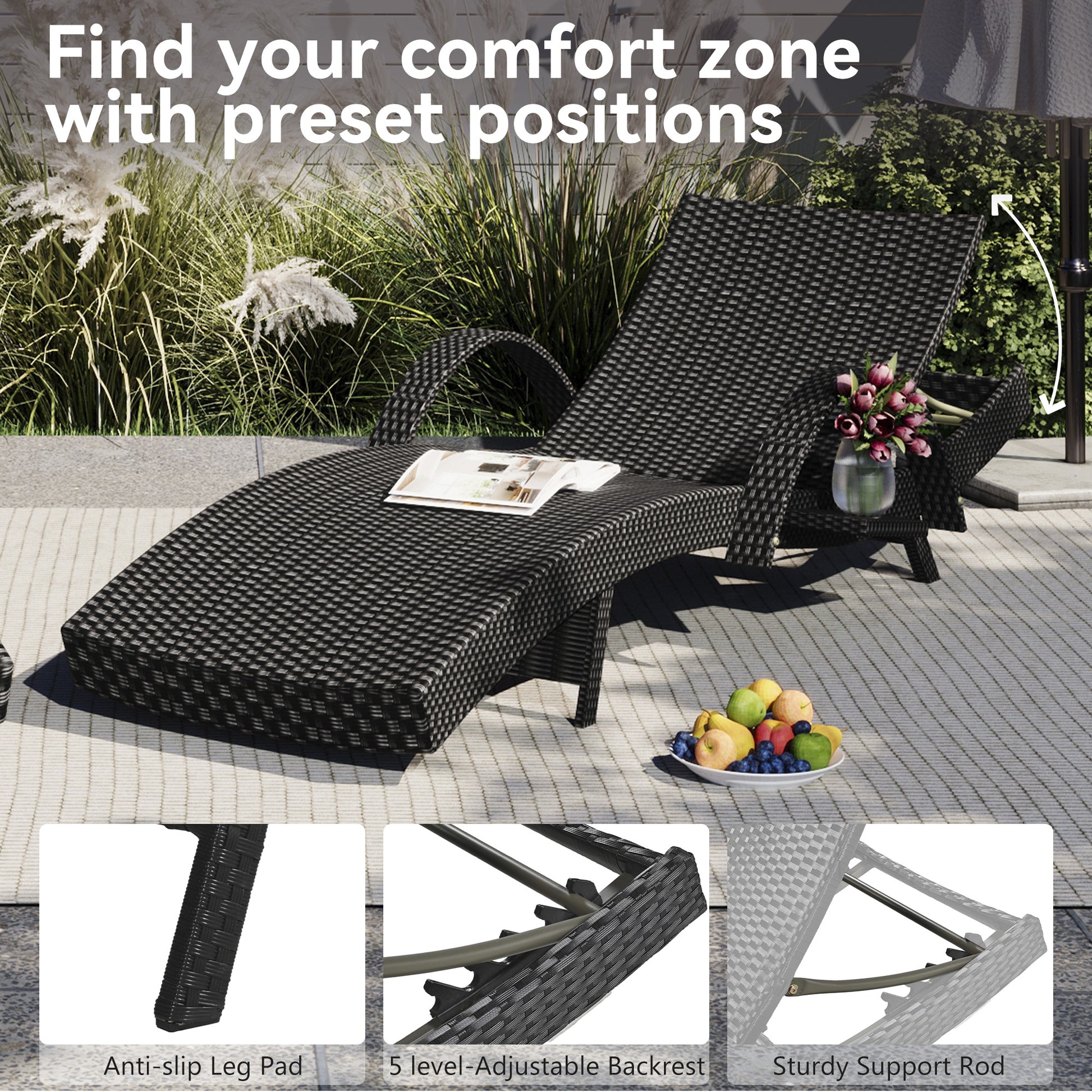 K&K 80'' Outdoor Wicker Chaise Lounge Chairs Set Of 2, Patio Rattan Reclining Chair Pull Out Side Table Adjustable Backrest Ergonomic Wave Design Pool Sunbathing Recliners, Black No Lounge Black