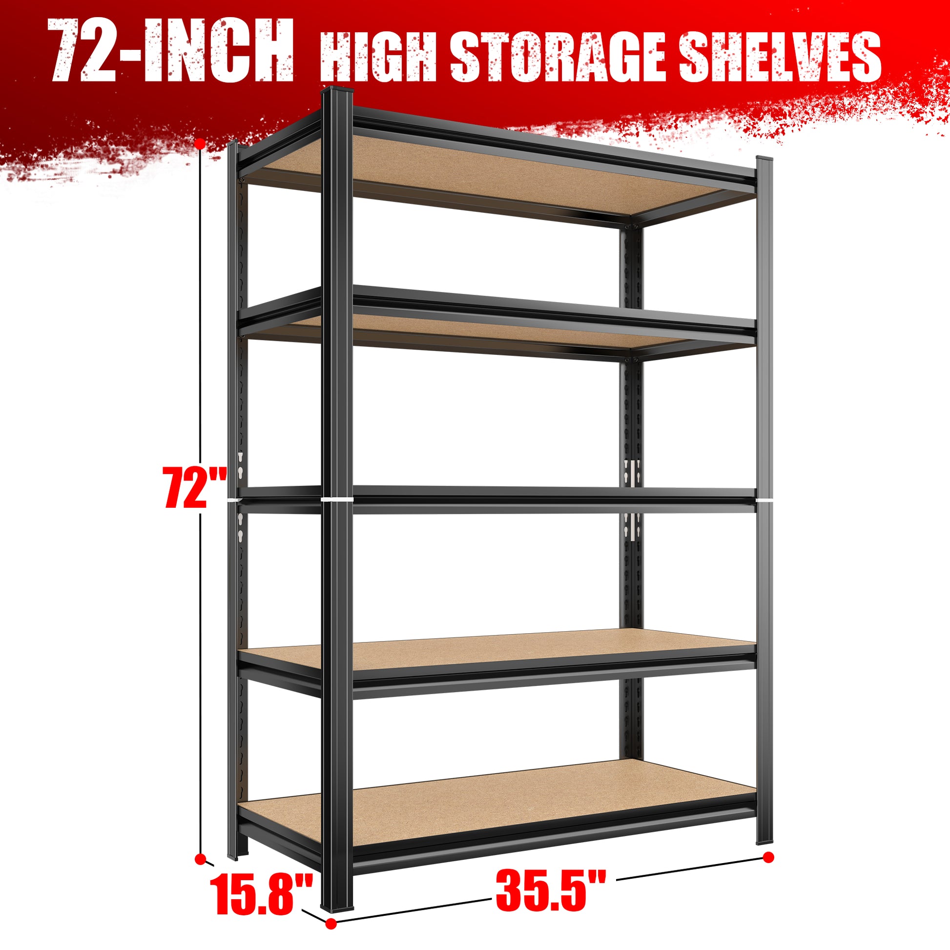 5 Tier Storage Rack, Adjustable Height Shelving, Warehouse Supermarket Basement Storage, Black Requires Assembly 5 Black Nature Standard Horizontal Primary Living Space Open Back Metal Classic