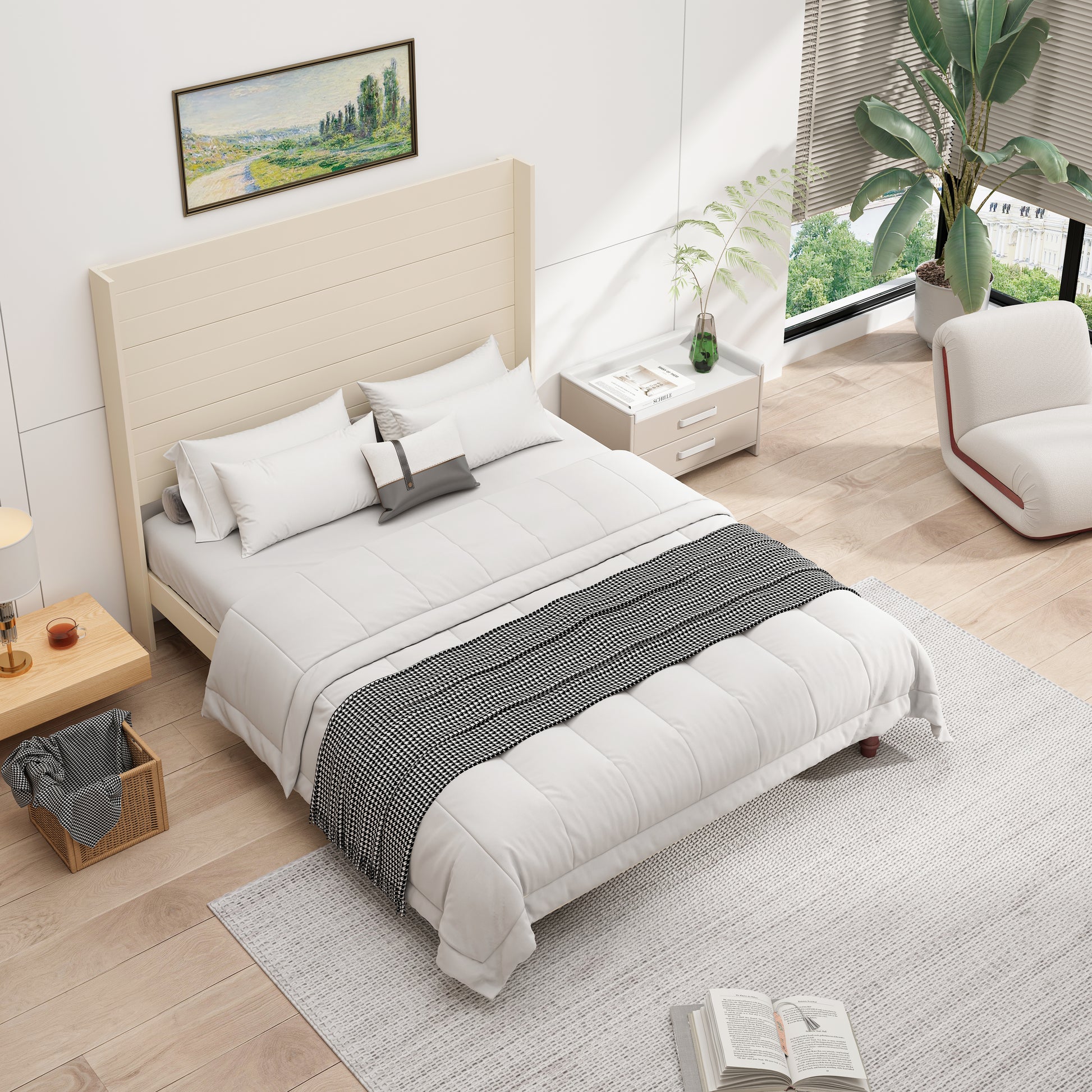 Stylish High Headboard Bed, 54 "High Headboard, High Quality, Comfortable High Back Design Ideal For Reading Or Relaxing, Queen Size, Beige Box Spring Not Required Beige Mdf