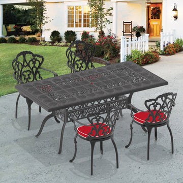 Cushions In Random Colors 5 Piece Set Of Cast Aluminum Patio Furniture With Cushions Yes Dining Set Black Seats 4 Rust Resistant Frame Water Resistant Cushion Garden & Outdoor Complete Patio Sets Aluminium