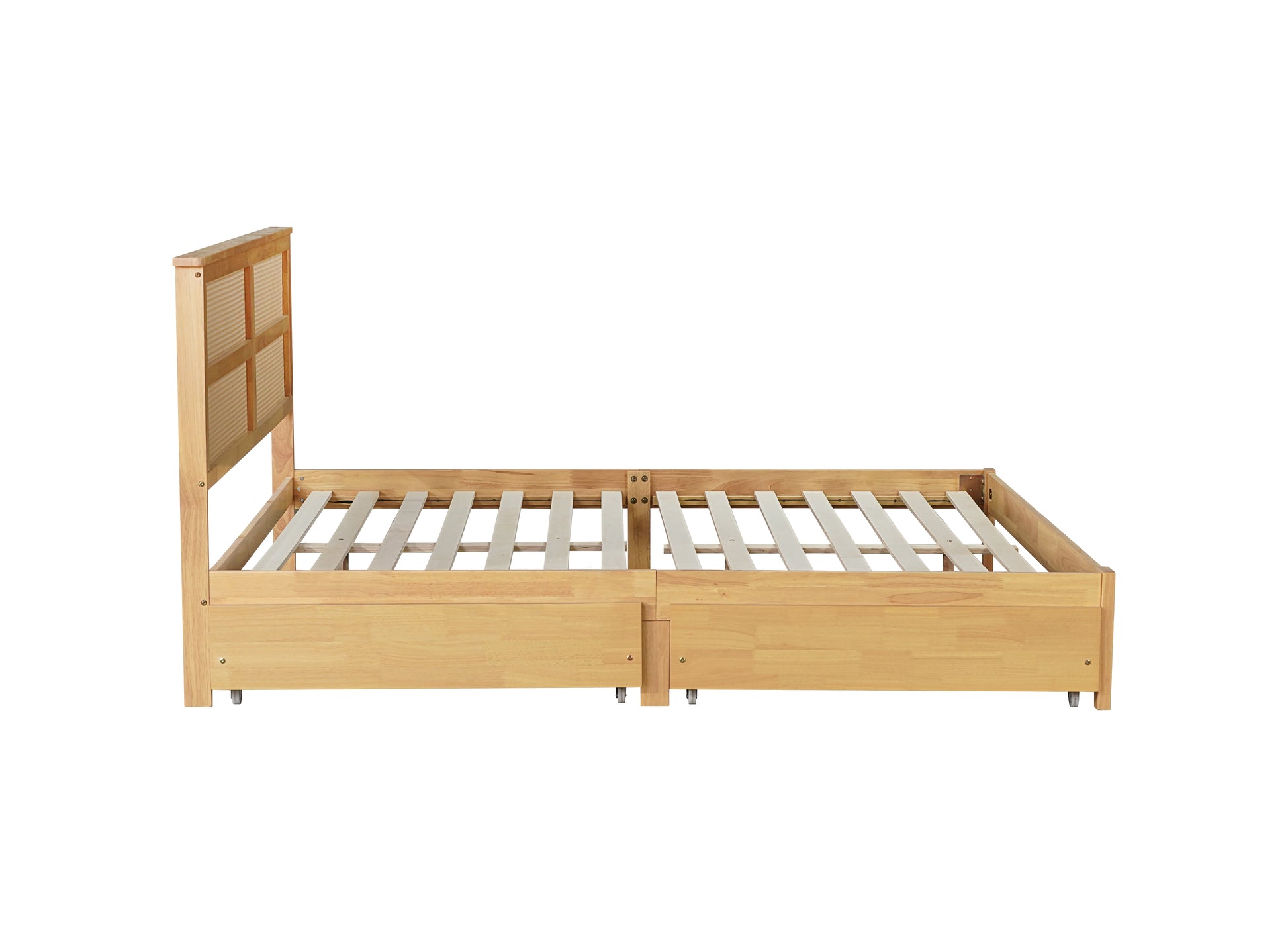 King Size Bed With Rattan Headboard, Two Storage Drawers, Rubber Wood Bed With Enhanced Support Salts And Feet,White Oak King White Oak Rubber Wood