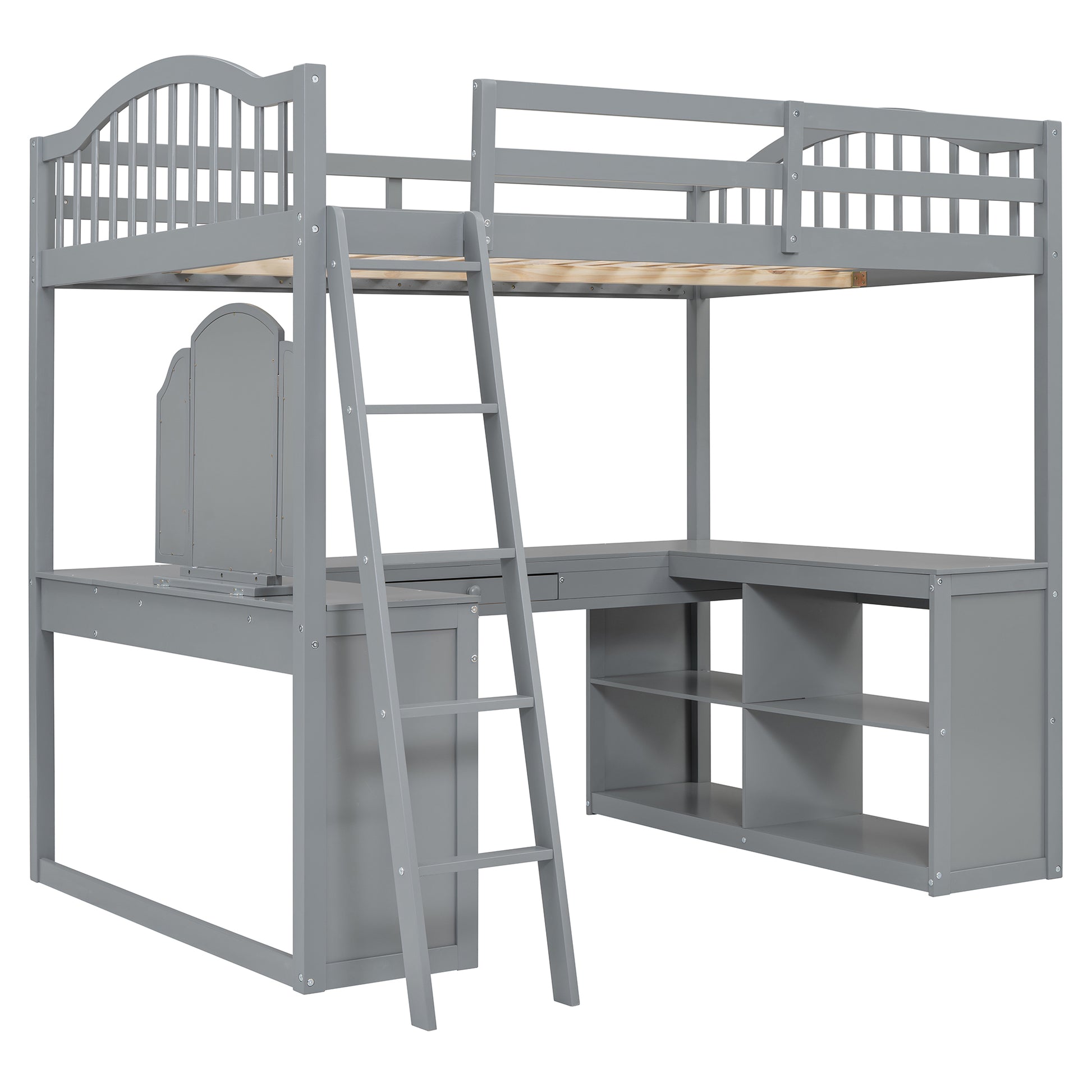 Full Wooden Loft Bed With U Shaped Desk,Storage Compartments And Tri Fold Mirror, Gray Gray Plywood,Solid Wood Mdf