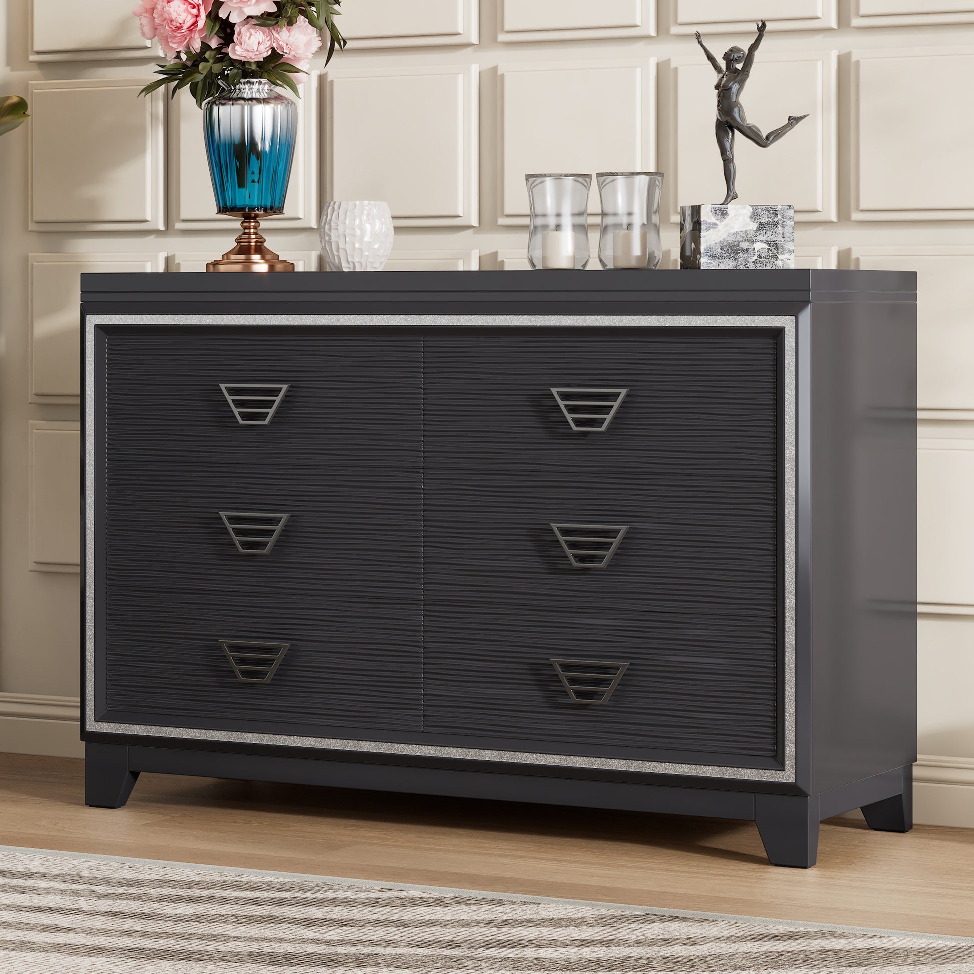 Elegant Dresser With Metal Handle And Sparkling Shiny Decoration, Storage Cabinet With 6 Drawers For Bedroom, Living Room, Black Black Mdf