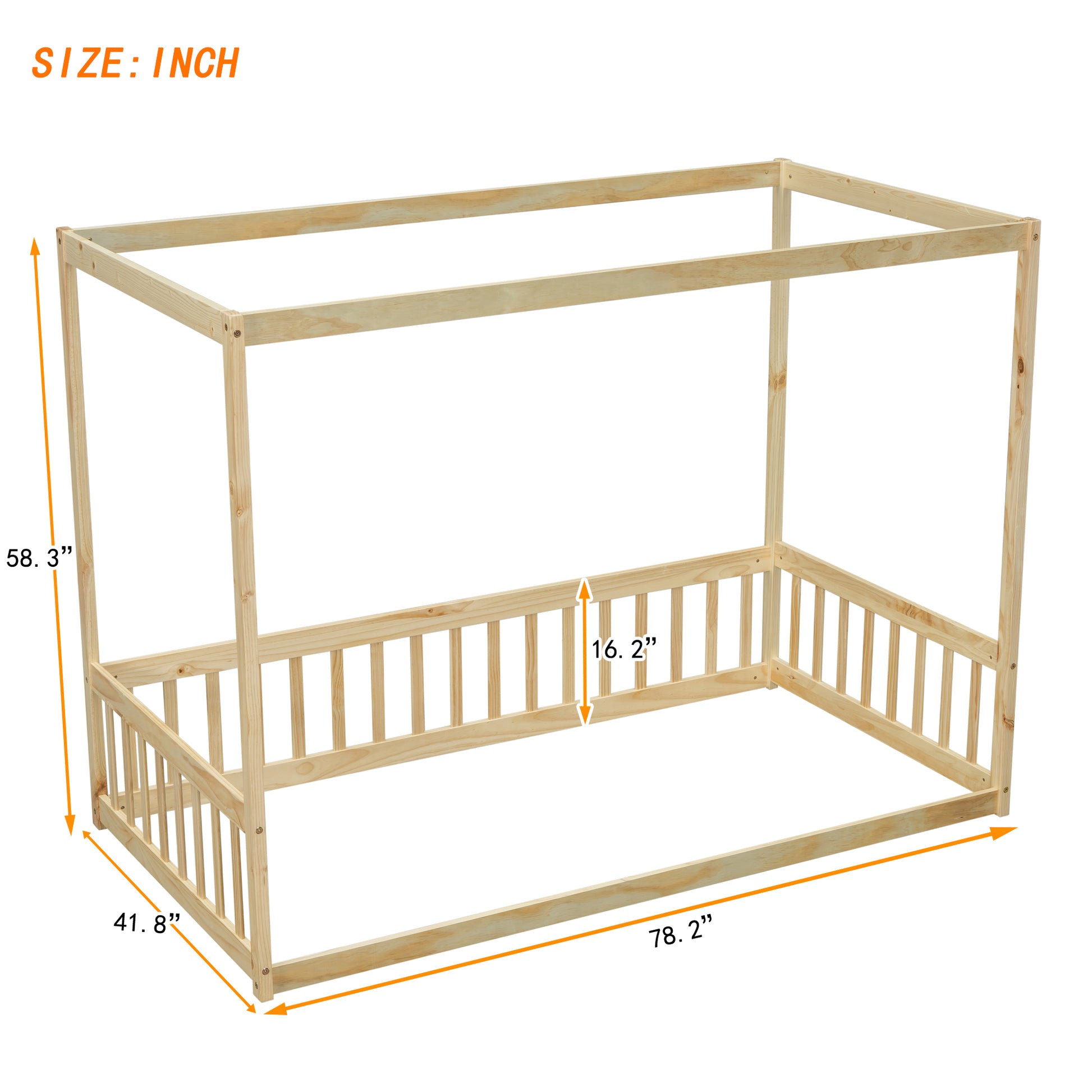 Twin Size Canopy Frame Floor Bed With Fence, Guardrails,Natural Twin Natural American Design Pine