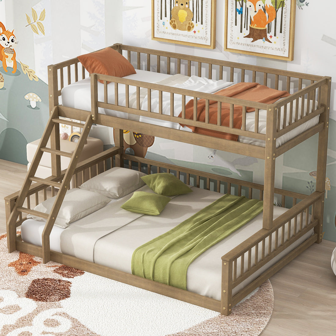 Twin Xl Over Queen Bunk Bed With Ladder And Guardrails, Walnut Expected Arrival Time: 10.27 Box Spring Not Required Twin Xl Walnut Wood Bunk Solid Wood Mdf