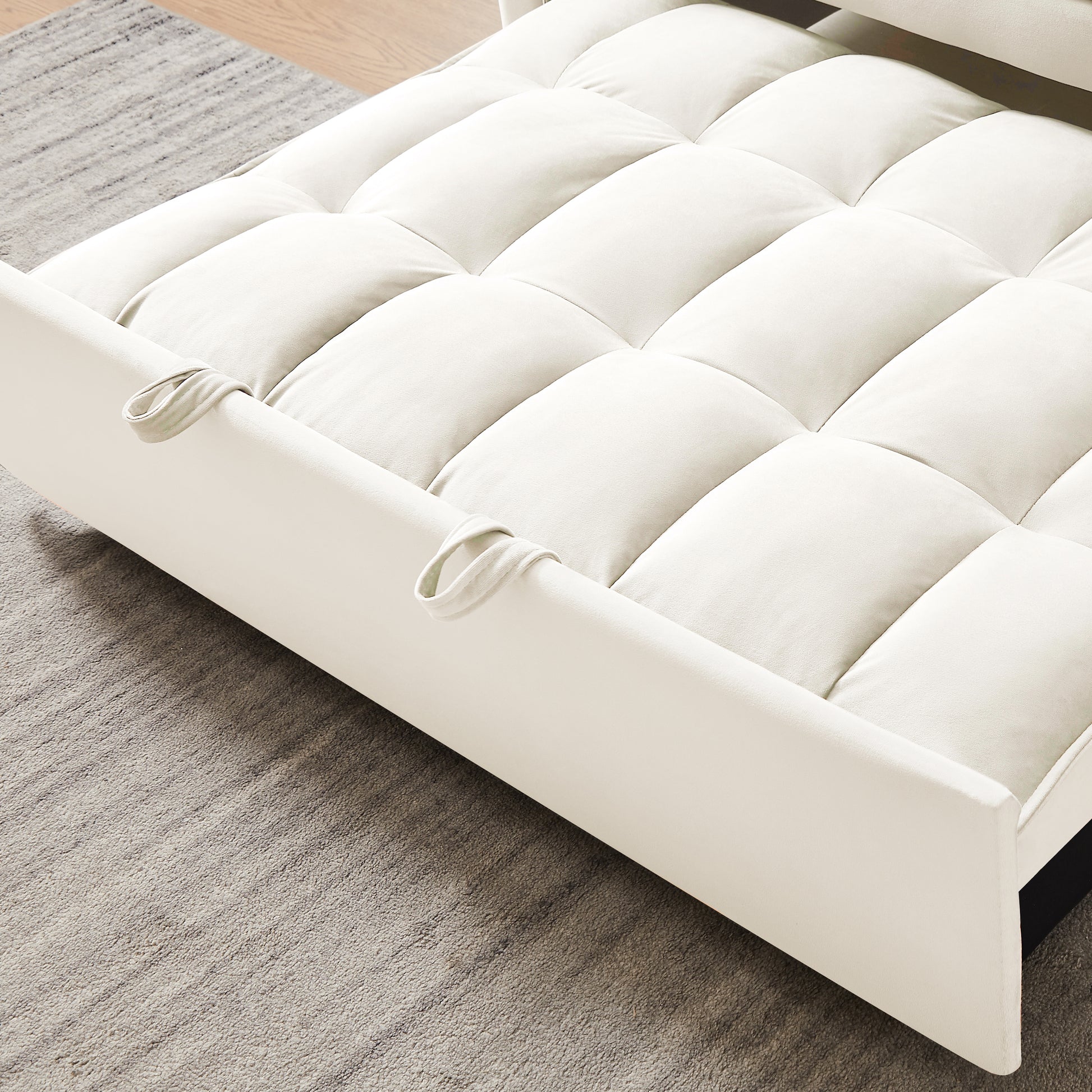 55.1 Inch 3 In 1 Convertible Sofa Bed, Modern Velvet Double Sofa Futon Sofa Bed With Adjustable Back, Storage Bag And Pillow, For Living Room, Bedroom Off White Light Brown Wood Primary Living Space Medium Duty Eucalyptus 2 Seat Beige White Velvet Soft