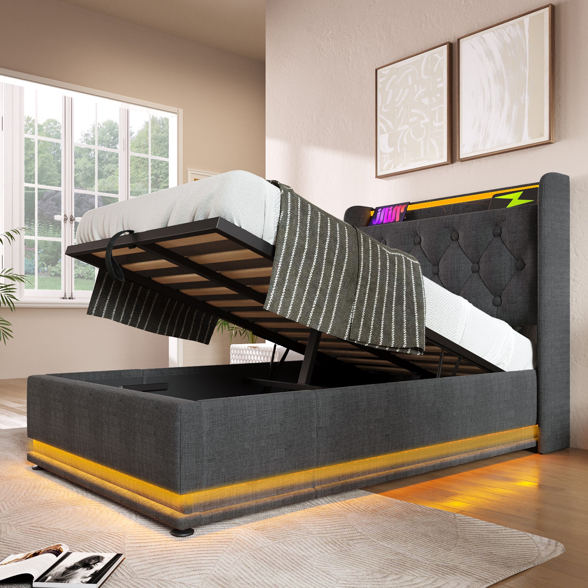 Twin Size Upholstered Bed, 360 Surround Led Function, Buttons Apps Remote Control, Hydraulic Storage Bed With Usb Type C Charging, Gray,Linen Without Mattress Twin Gray Linen