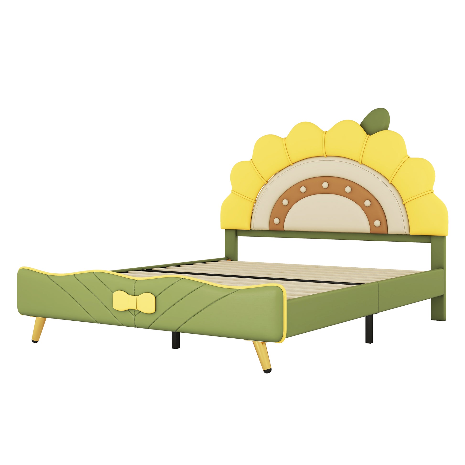 Full Size Upholstered Platform Bed With Sunflower Shaped Headboard, Green Box Spring Not Required Full Green Wood Bedroom Bed Frame Faux Leather Upholstered