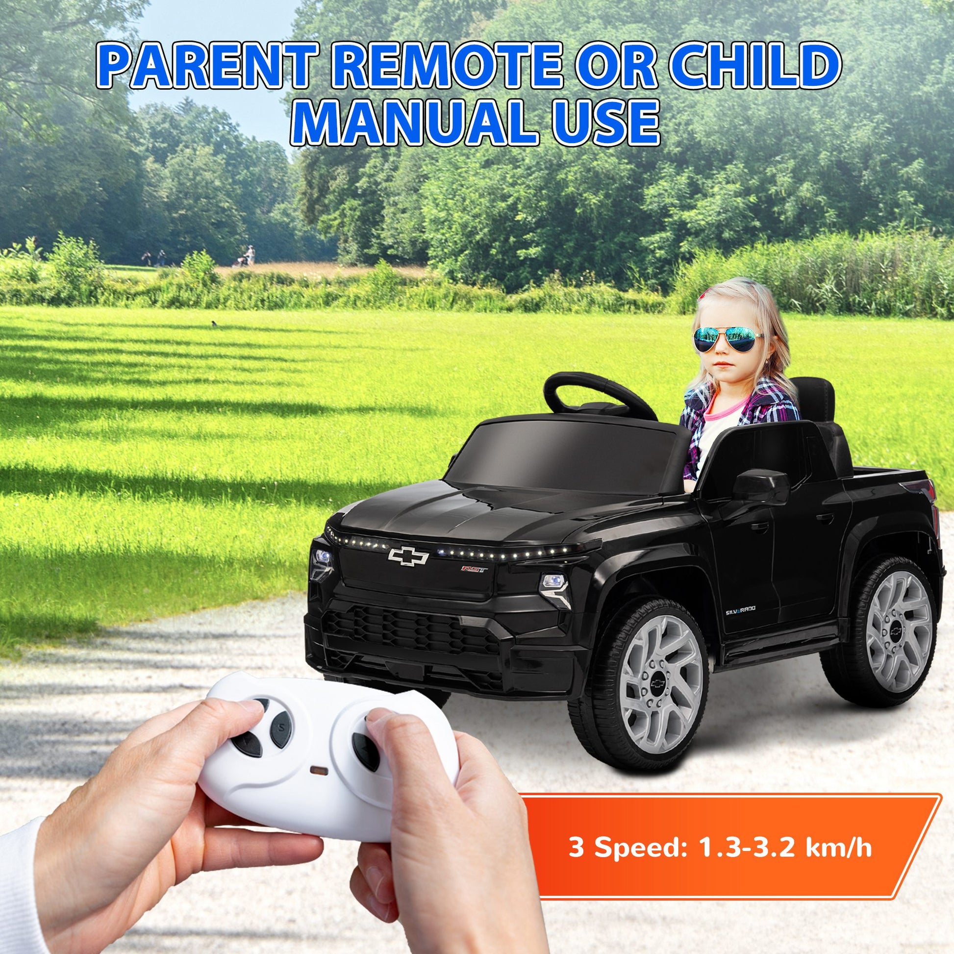 Qaba 12V Kids Electric Car, Chevrolet Silverado Ev Rst Licensed Ride On Car With Parent Remote Control, Spring Suspension, Soft Start, Training Wheels, Led Lights, Music, Mp3, 3 Speed, Black Black