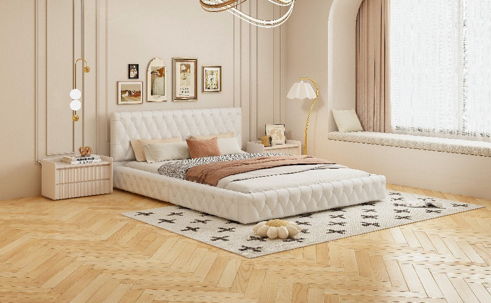 Queen Size Upholstered Bed With Tufted Headboard, Modern Velvet Platform Bedno Box Spring Required, White Queen White Solid Wood Mdf
